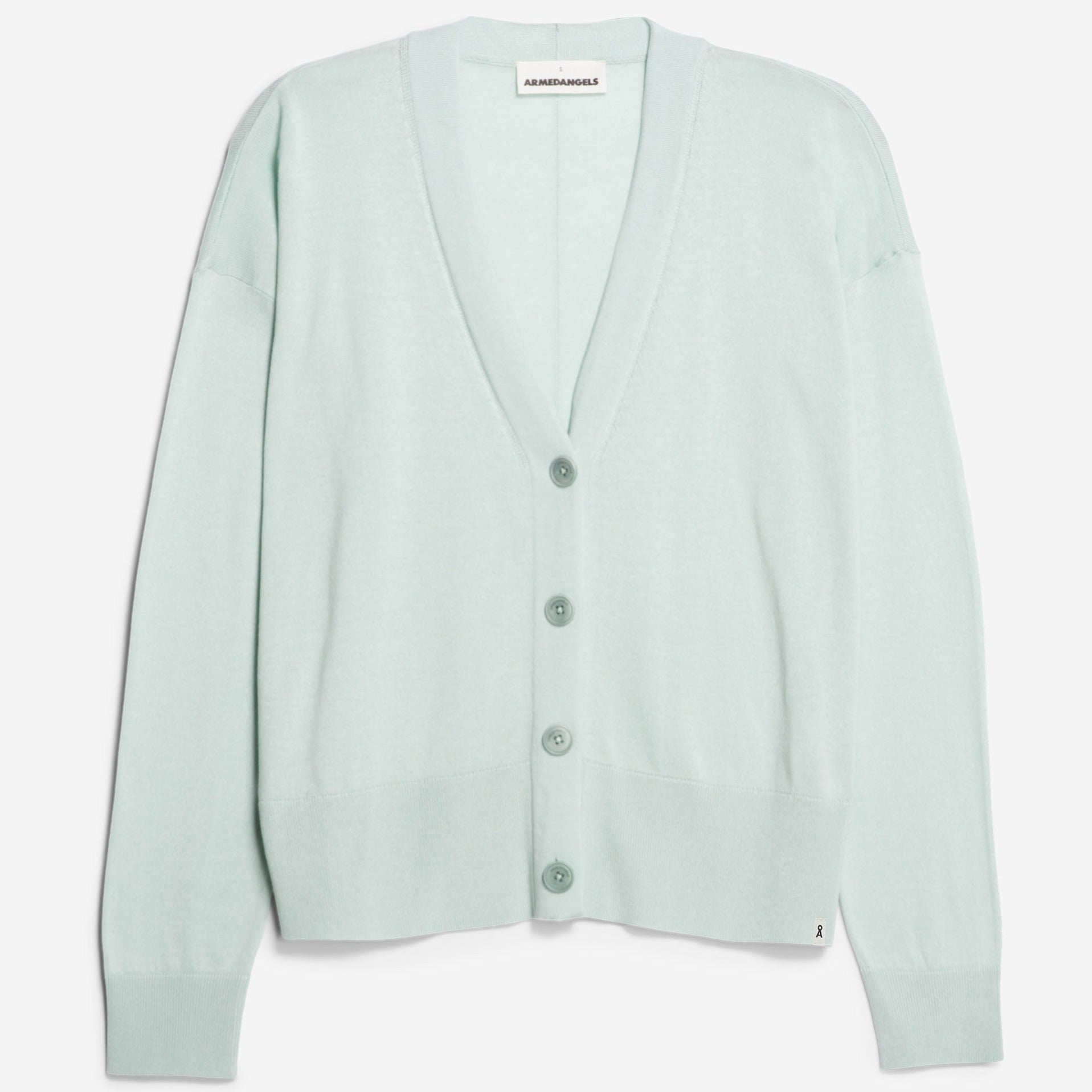 Mintgrüne Strickjacke mit V-Ausschnitt und Knöpfen, aus leichtem Stoff und langen Ärmeln.