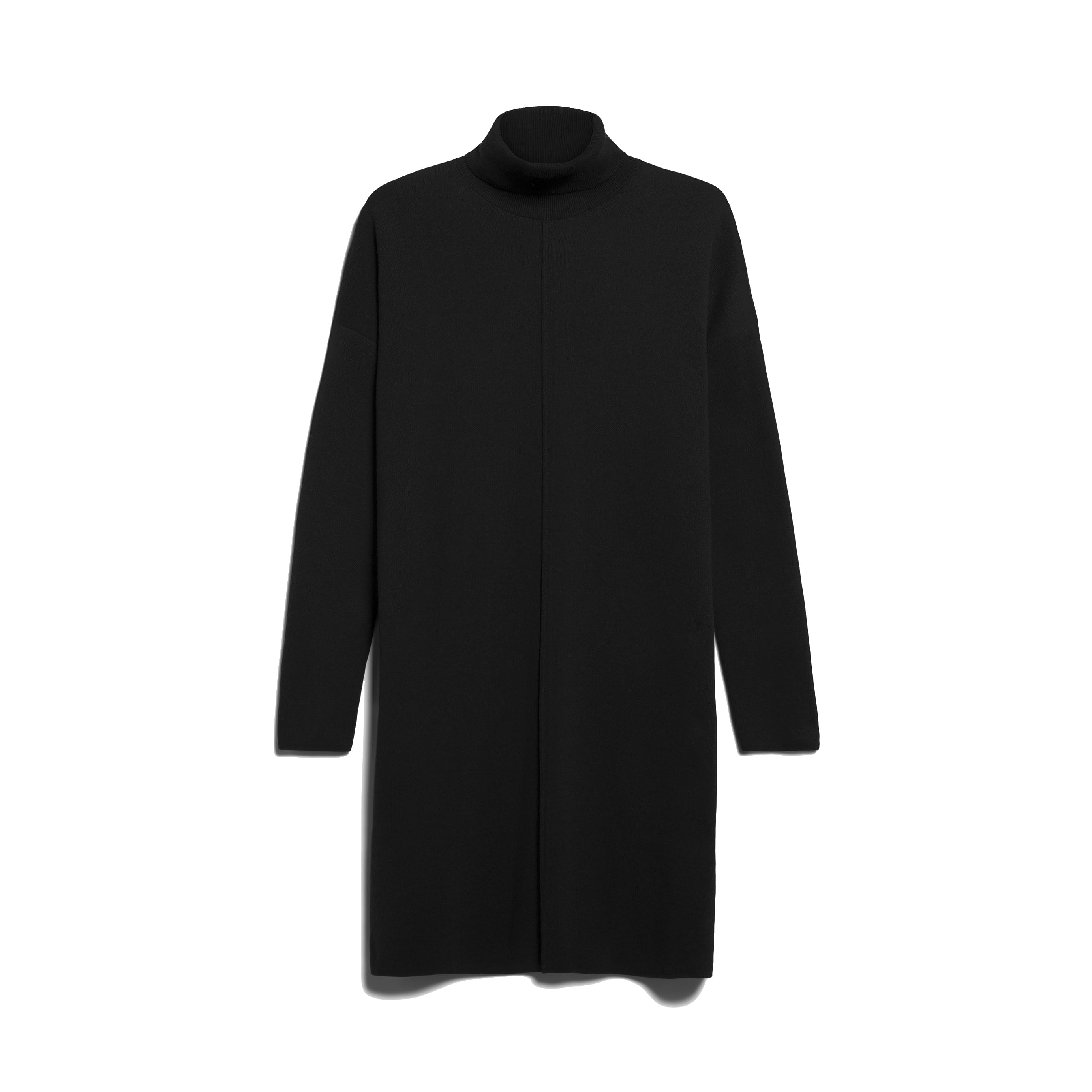 Ein langärmeliges schwarzes Rollkragenpullover-Kleid mit gerader, lockerer Passform, minimalem Design und ohne sichtbare Muster oder Verzierungen auf weißem Hintergrund.