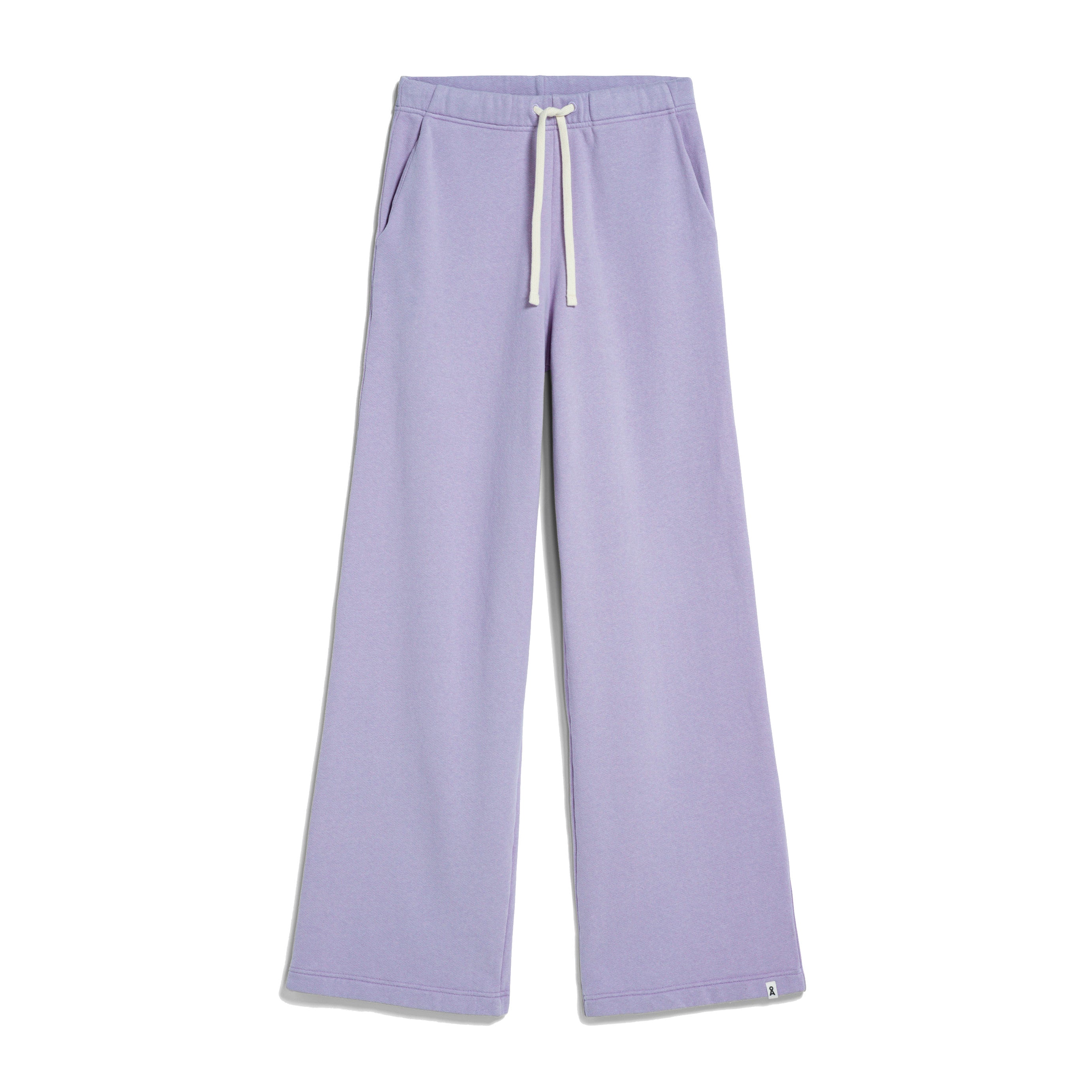 Lila-blaue Jogginghose mit weitem Bein und weißen Kordelzug, Taschen auf beiden Seiten.