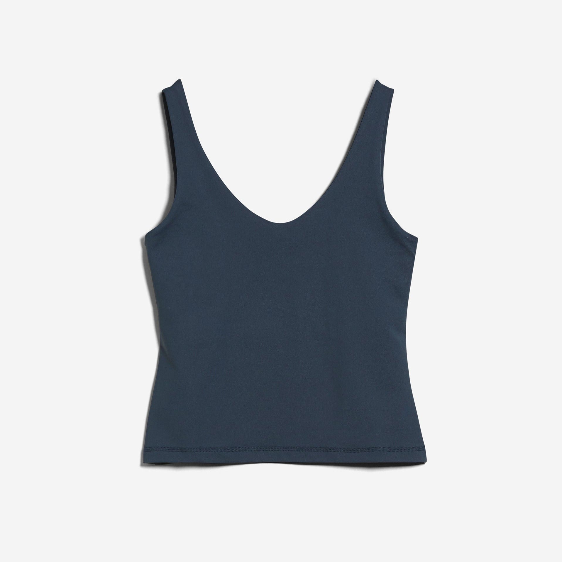 Dunkelblaues ärmelloses Top mit V-Ausschnitt auf weißem Hintergrund.