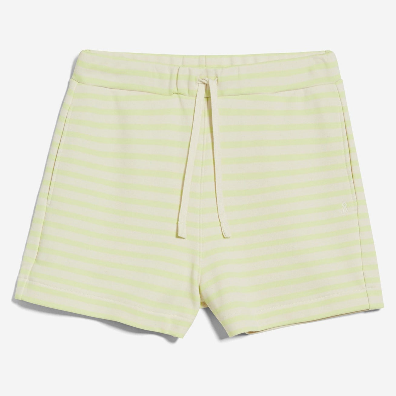 Gelb-weiß gestreifte Shorts mit Kordelzug an der Taille.