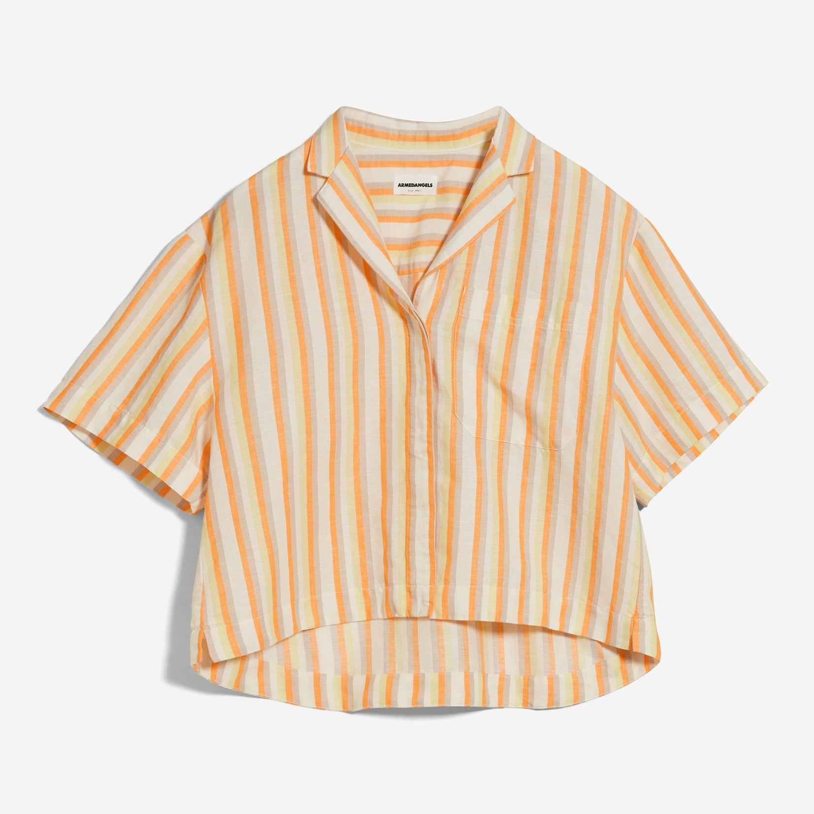 Kurzärmliges Hemd mit orange und cremefarbenen Streifen, abgerundetem Saum und Kragen.