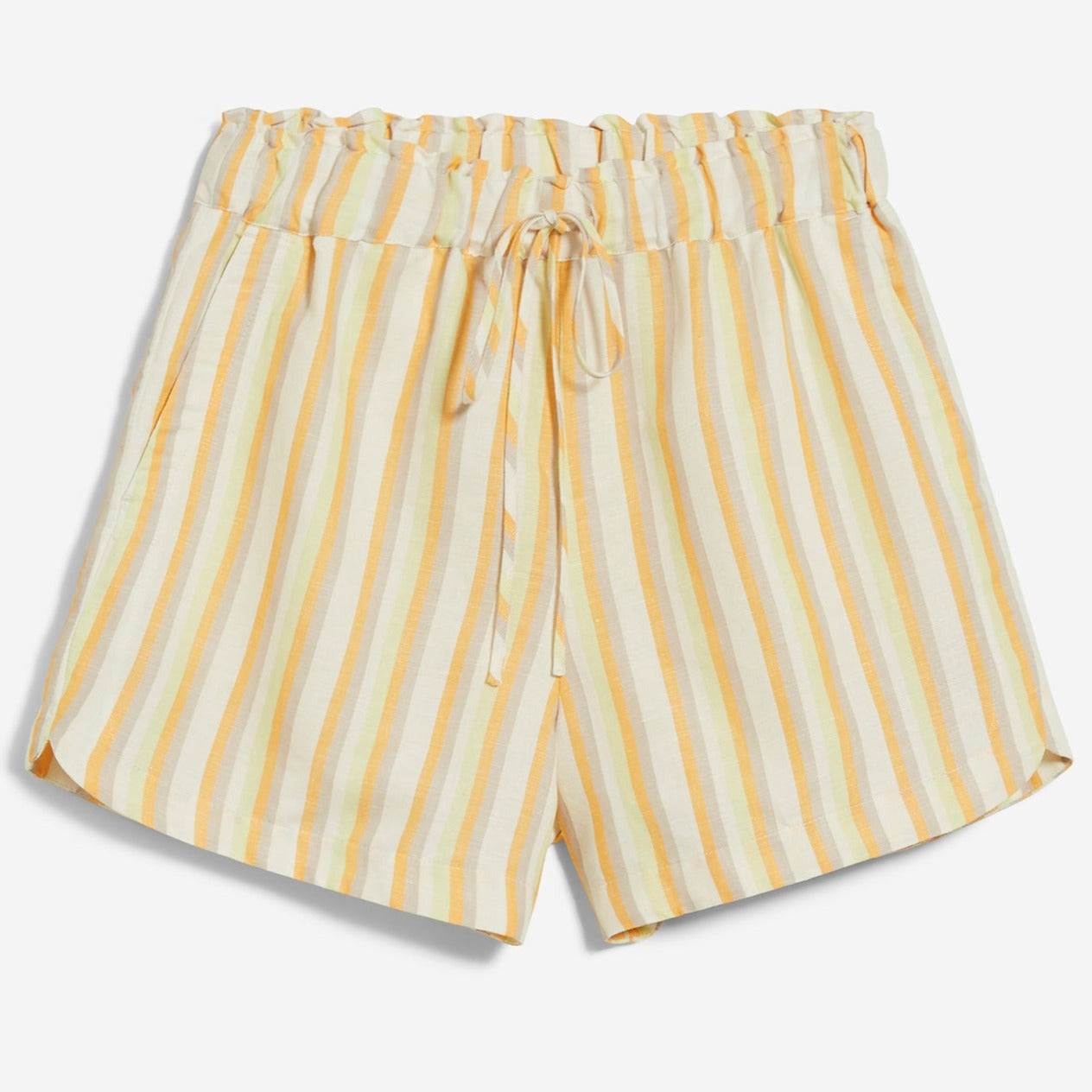 Beigefarbene Shorts mit orange und gelben Streifen, elastischem Bund und Kordelzug.