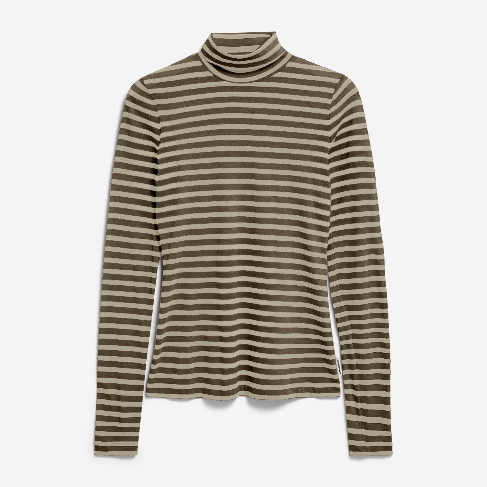 Langärmeliges Rollkragenshirt mit horizontalen olivgrünen und beigen Streifen auf weißem Grund.