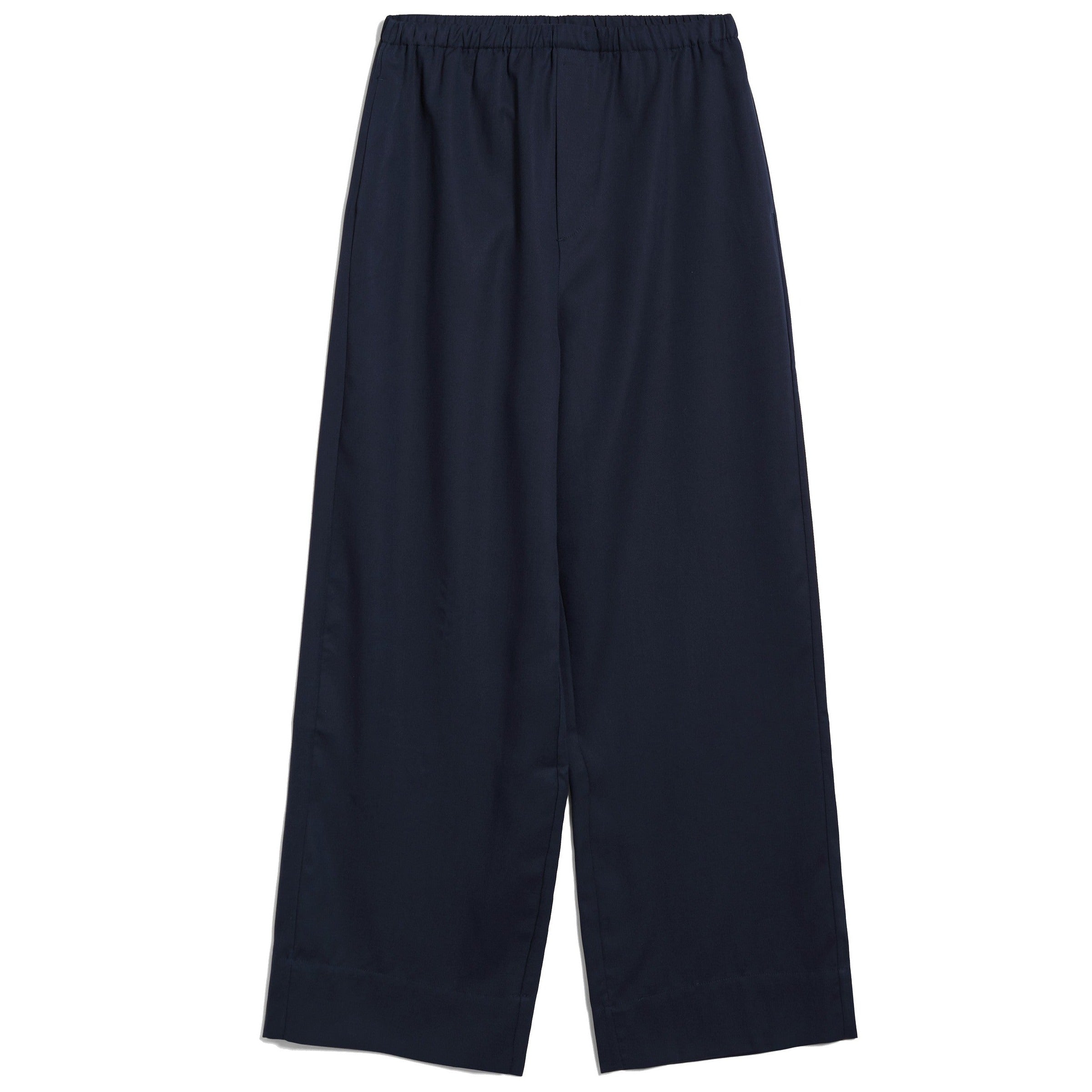Dark blue wide-leg pants with an elastic waistband viewed from the front.