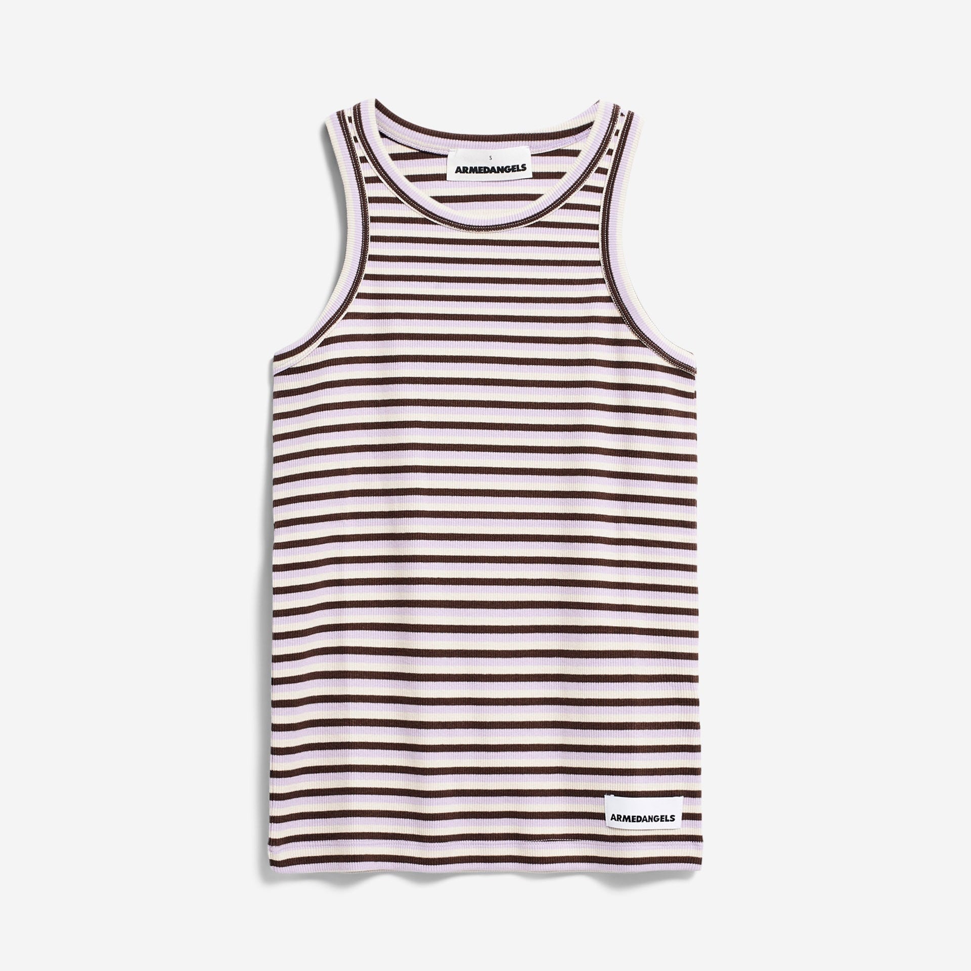 Gestreiftes ärmelloses Oberteil mit braunen und weißen Streifen auf weißem Hintergrund.