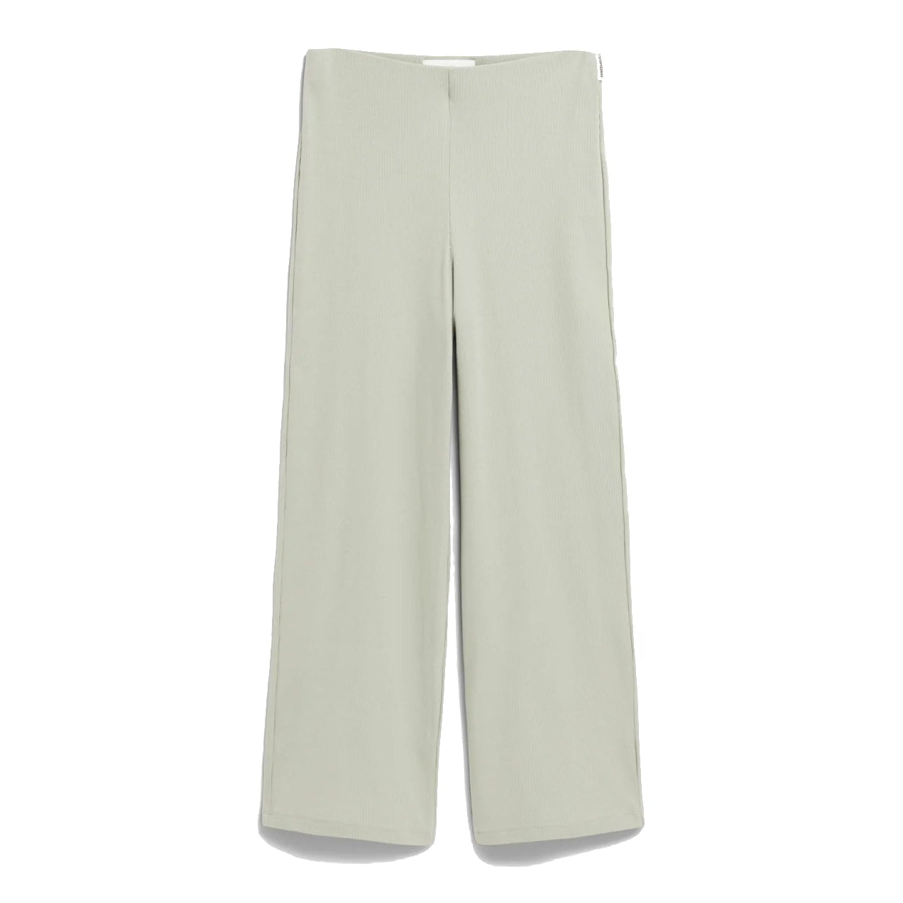 Hellgraue Hose mit weitem Bein, die flach auf weißem Grund liegt und ein minimalistisches und modernes Design ohne sichtbare Taschen oder Verzierungen aufweist.