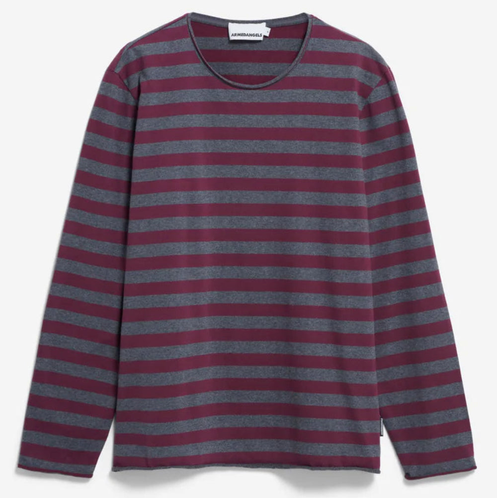 ARMEDANGELS Men Casual Jersey Shirt Longsleeve "MAARKOS LS STRIPES BR" Steel Melange-Dark Cranberry