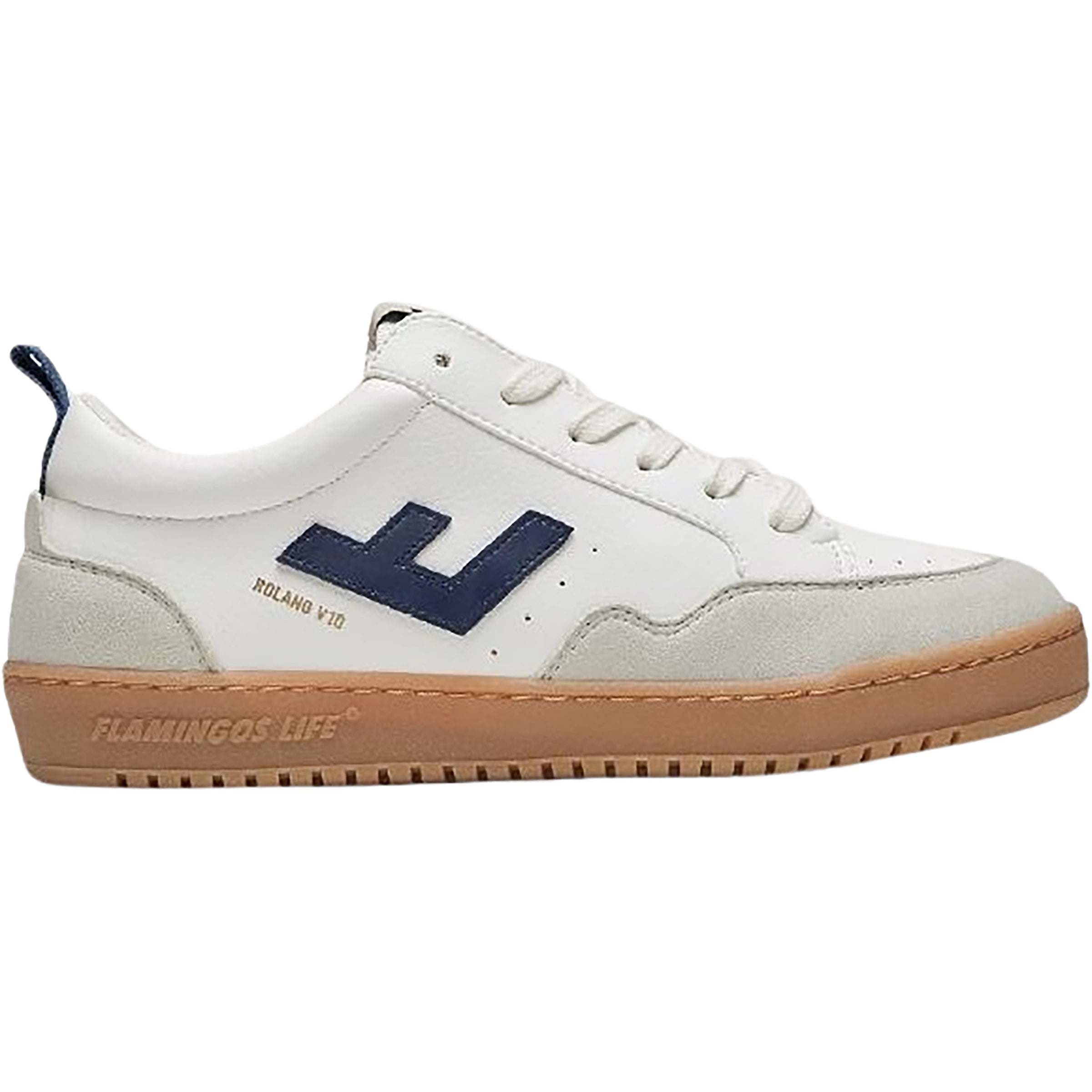 Weißer Sneaker mit blauer Verzierung und brauner Sohle, seitlich mit Schriftzug "FLAMINGOS LIFE" und "ROLAND V12".