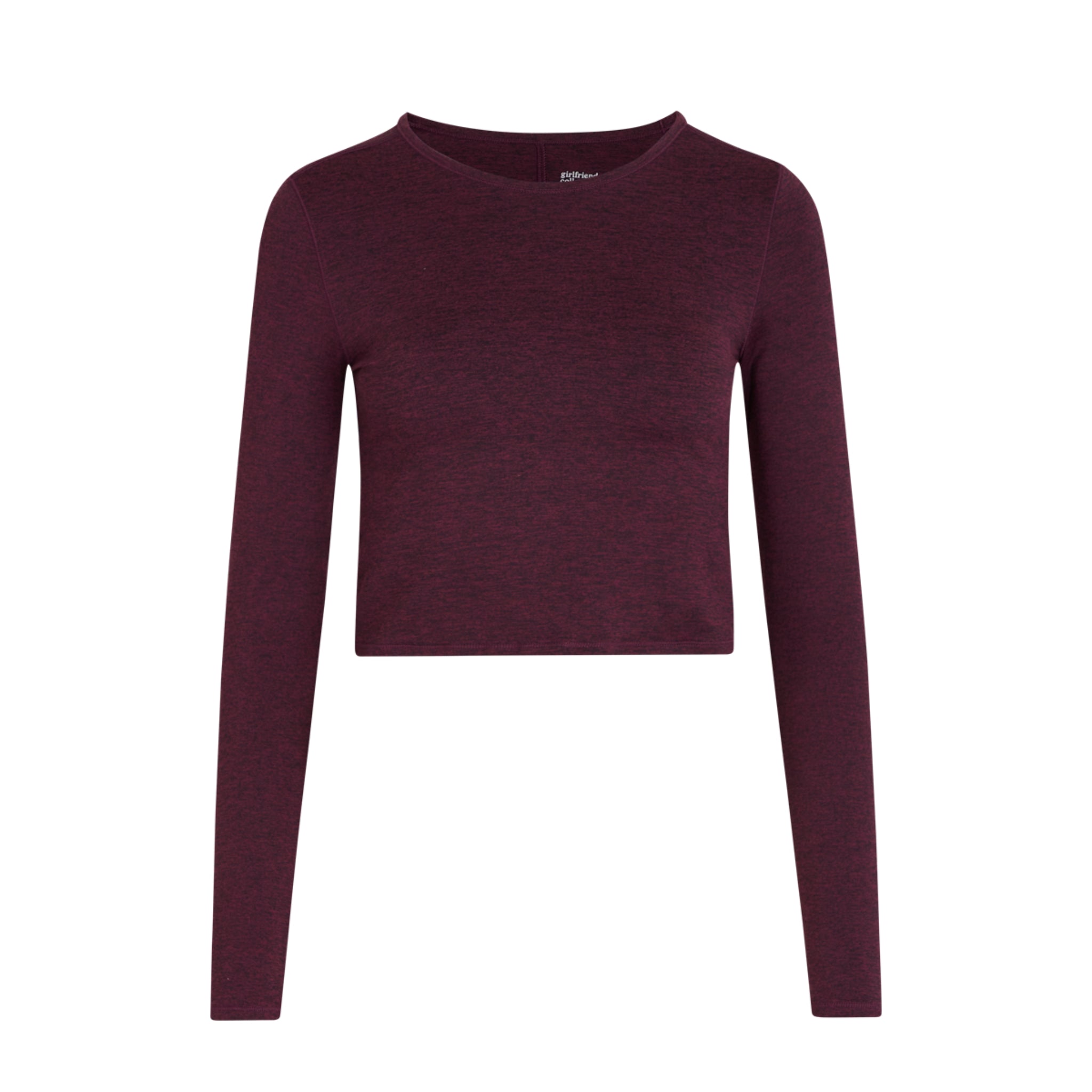 Dunkelrotes, langärmeliges Crop-Top mit Rundhalsausschnitt, auf weißem Hintergrund.