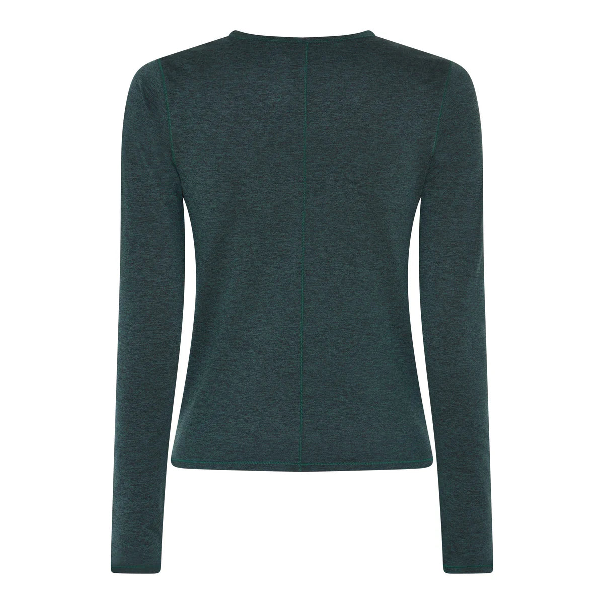 Rückenansicht eines langärmeligen, dunkelgrünen, taillierten Hemdes mit einer dezenten Naht, die vertikal in der Mitte verläuft.