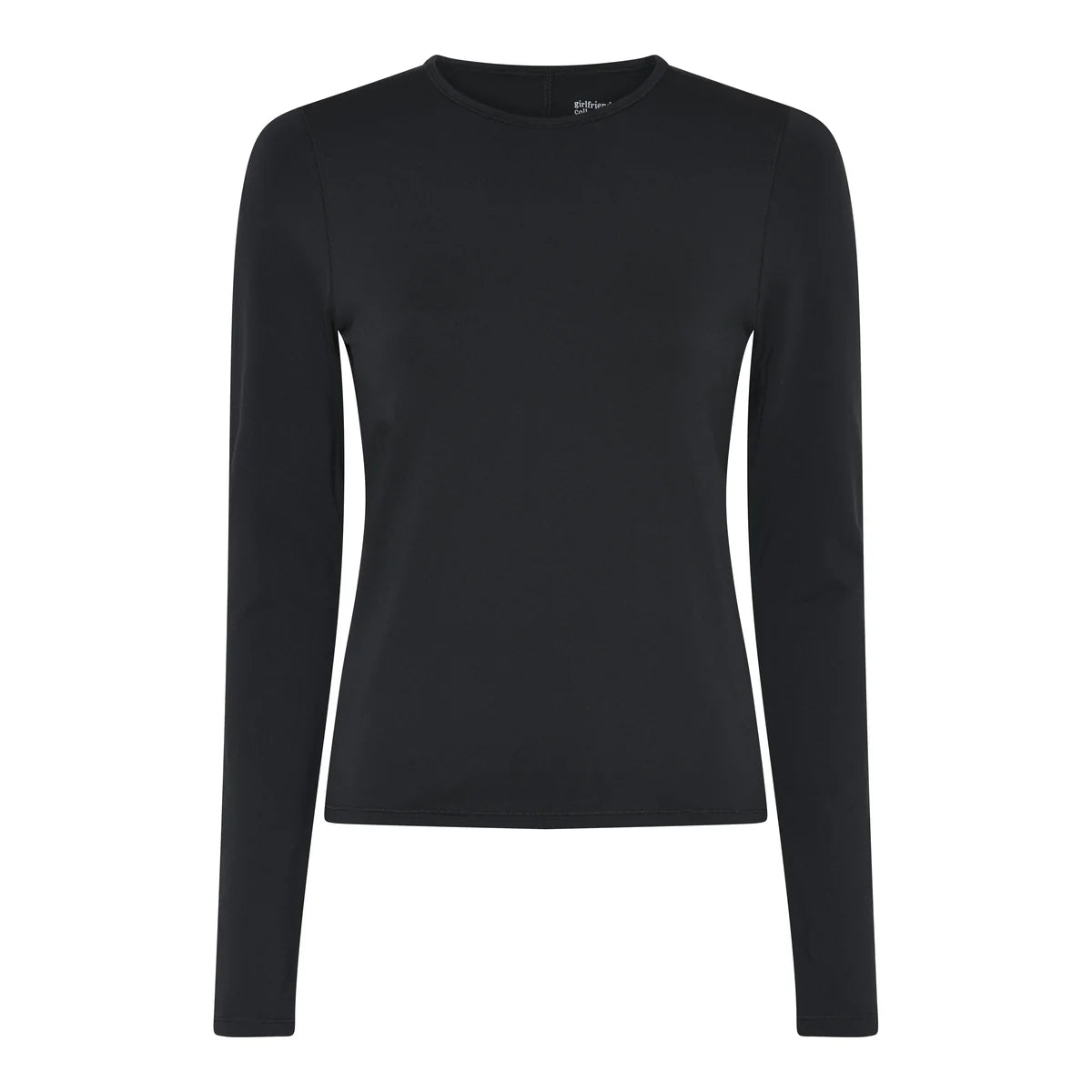 Ein schlichtes schwarzes Langarmhemd mit Rundhalsausschnitt ist auf weißem Hintergrund abgebildet, von vorne gesehen.