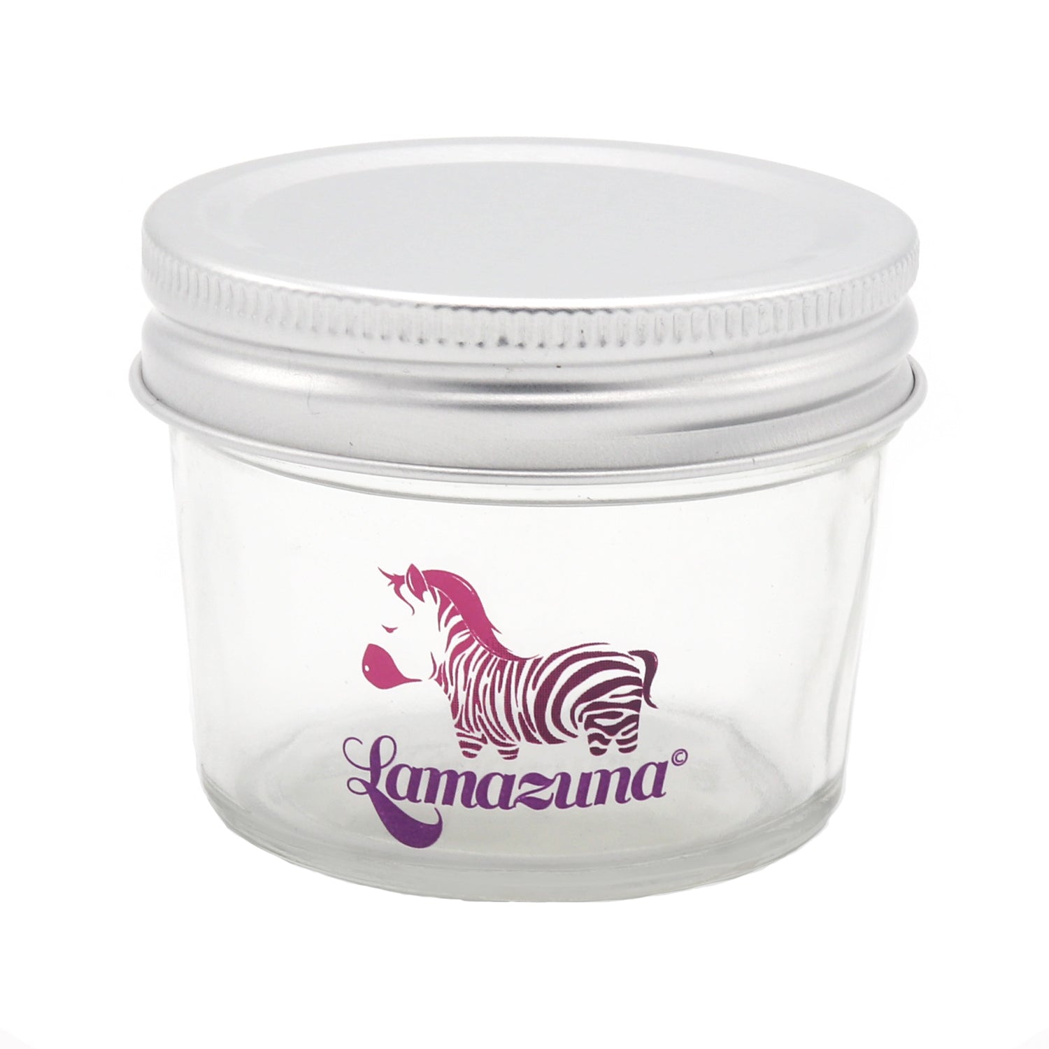 Kleines rundes Glas mit Metalldeckel, darauf ein lila Zebra und der Schriftzug "Lamazuna".