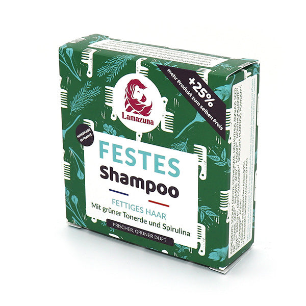 Verpackung eines festen Shampoos von Lamazuna für fettiges Haar mit grüner Tonerde und Spirulina, 25% mehr Produkt.