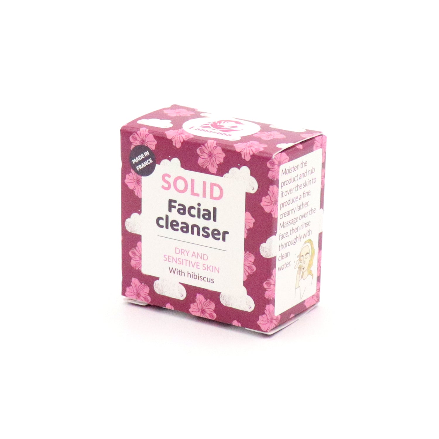 Rosa Verpackung eines festen Gesichtsreinigers mit Hibiskus, geeignet für trockene und empfindliche Haut.