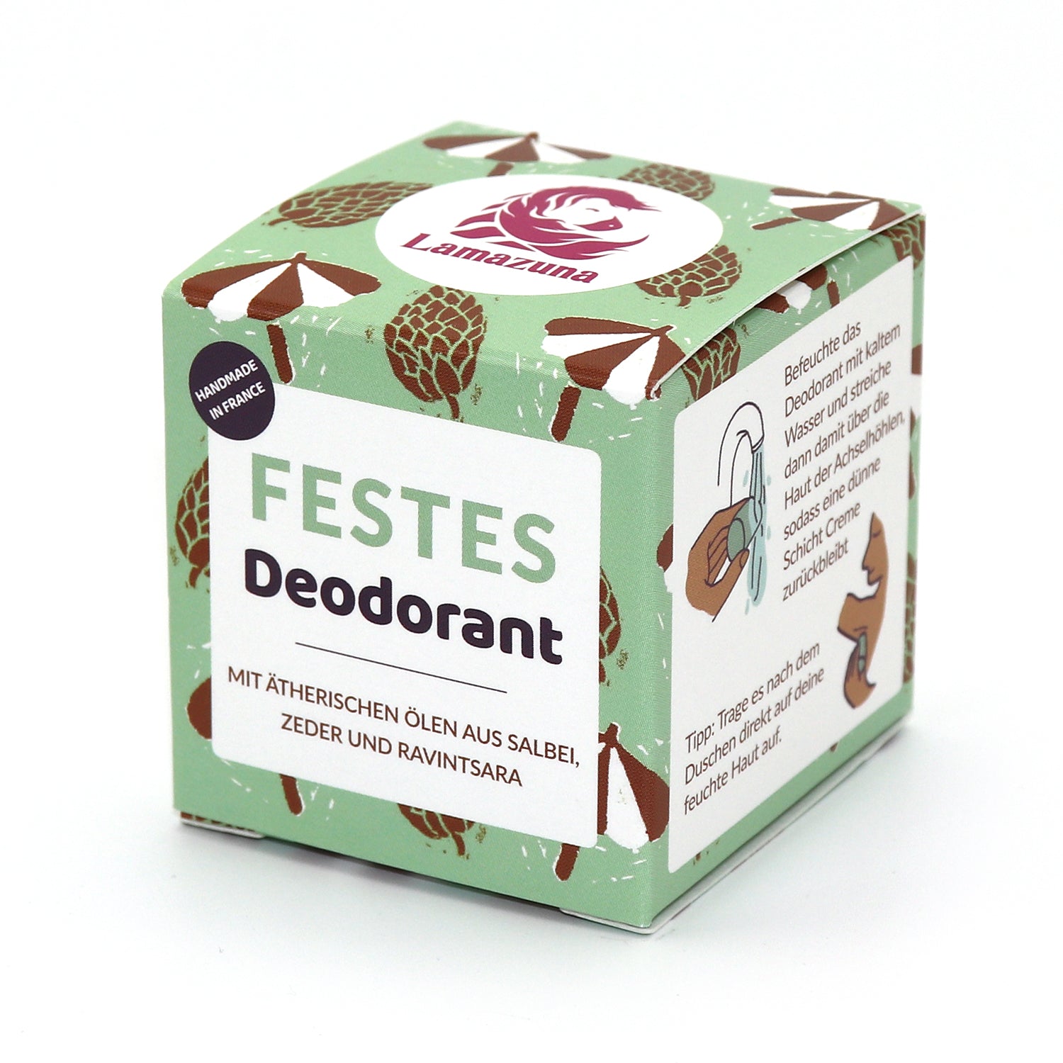 Grüne, bedruckte Box eines festen Deodorants von Lamazuna mit ätherischen Ölen aus Salbei, Zeder und Ravintsara.