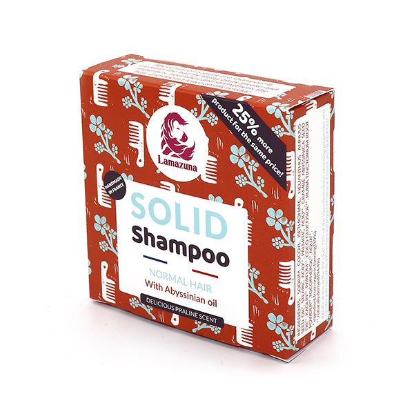 Festes Shampoo von Lamazuna für normales Haar, mit abessinischem Öl und Pralinenduft, auf gemustertem Karton.