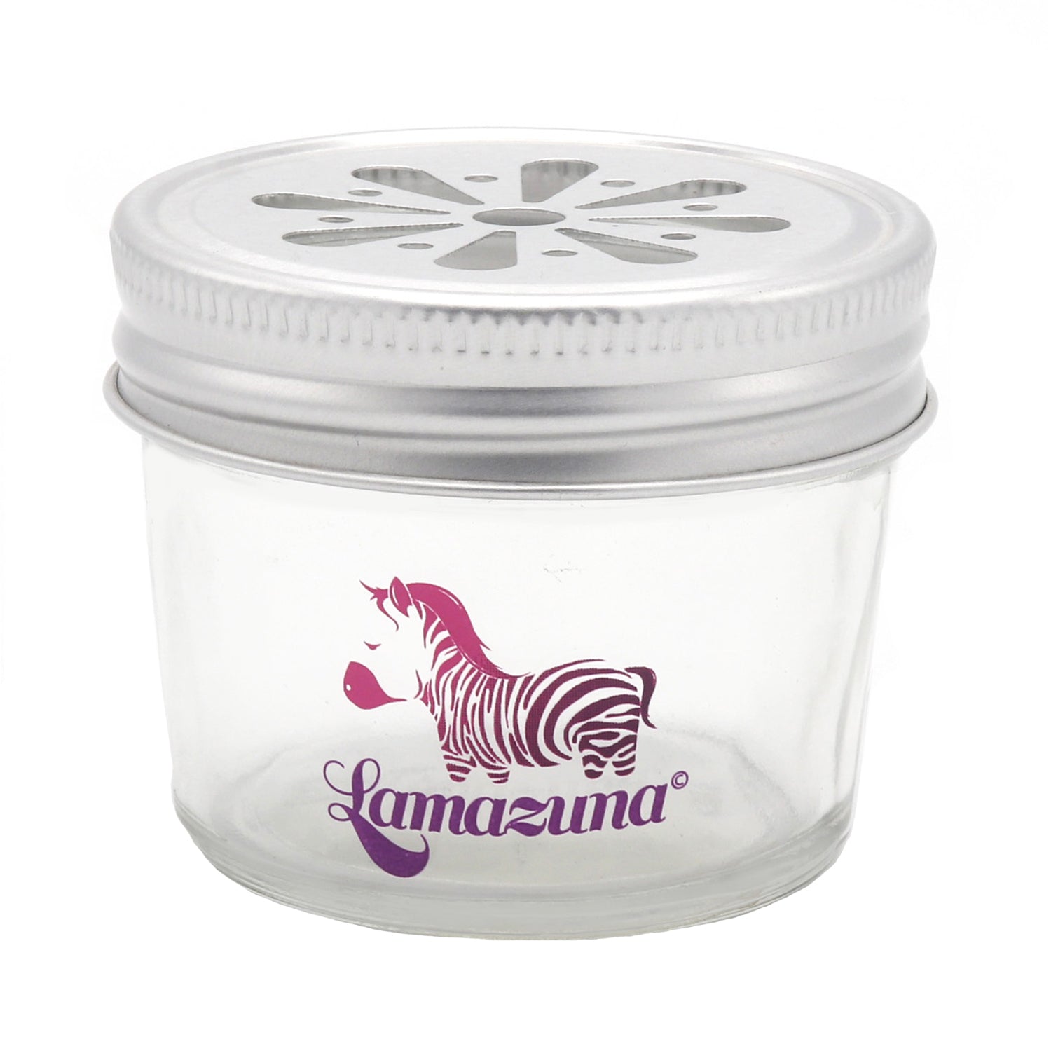 Kleines Einmachglas mit Metalldeckel, verziert mit einem lila Zebra-Einhorn-Logo und dem Schriftzug "Lamazuna".