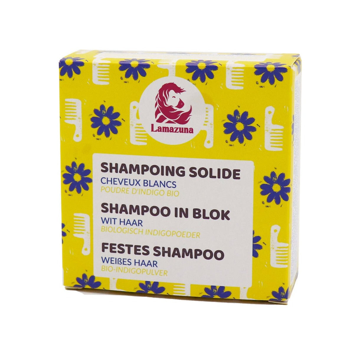Gelbe Verpackung eines festen Shampoos der Marke Lamazuna mit blauen Blumen und Kämmen als Muster.