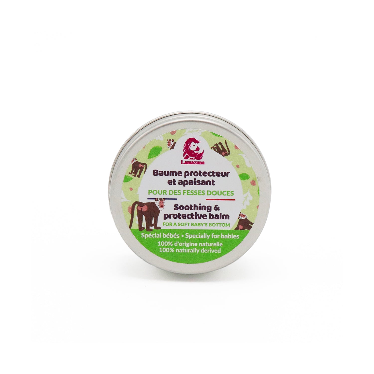 Runde Dose mit „Lamazuna“-Logo darauf, beschriftet als beruhigender und schützender Balsam für Babys.