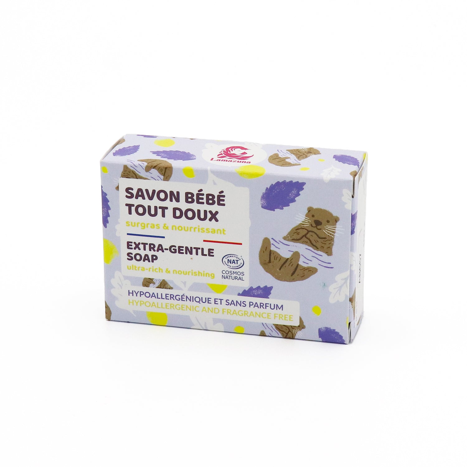 Verpackung einer extra-sanften Seife für Babys, mit buntem Otter-Design und hypoallergenen, parfümfreien Inhaltsstoffen.