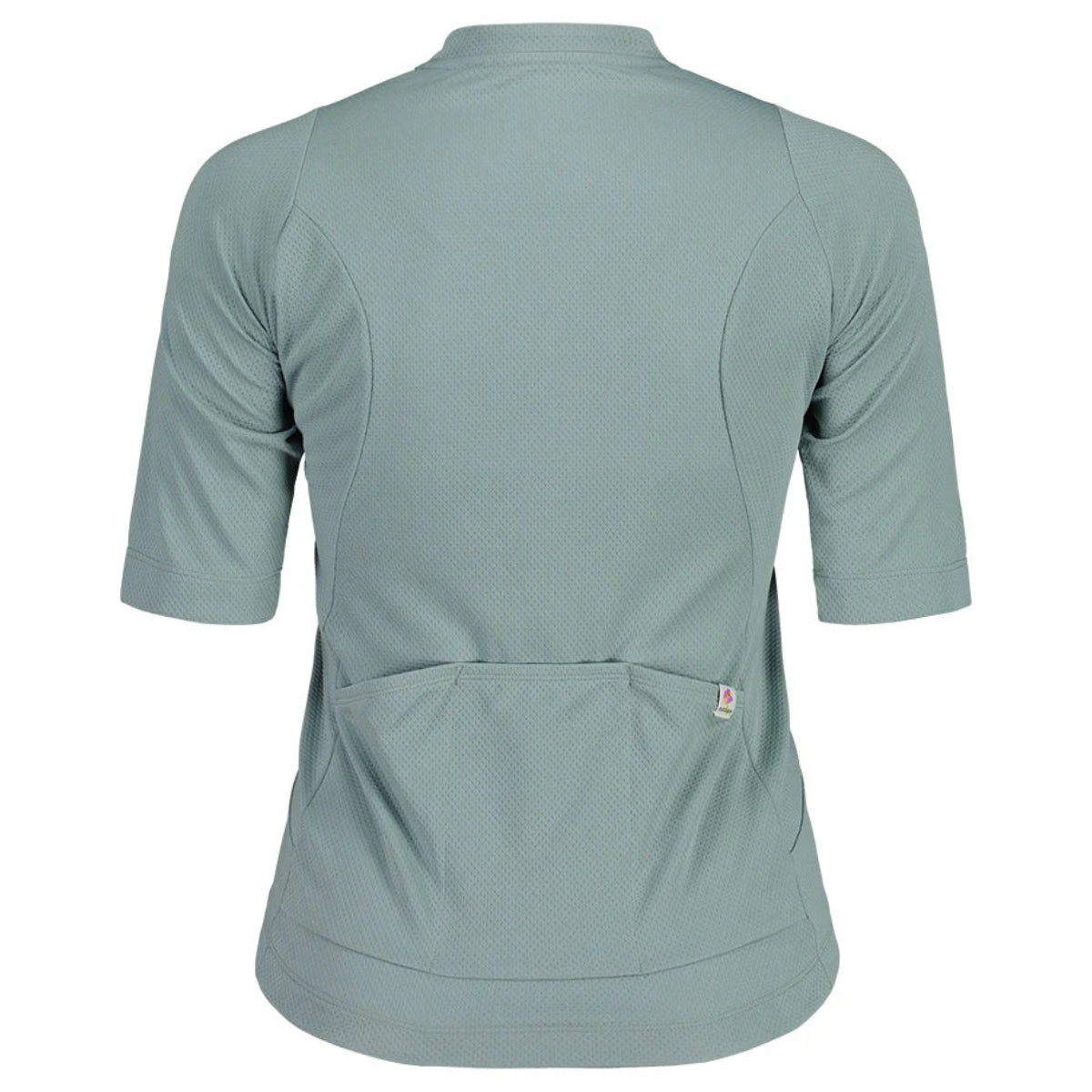 Ein hellgraues, kurzärmeliges Radtrikot mit zwei Rückentaschen und strukturiertem Stoff, von hinten gesehen. Das Trikot hat ein sportliches Design.