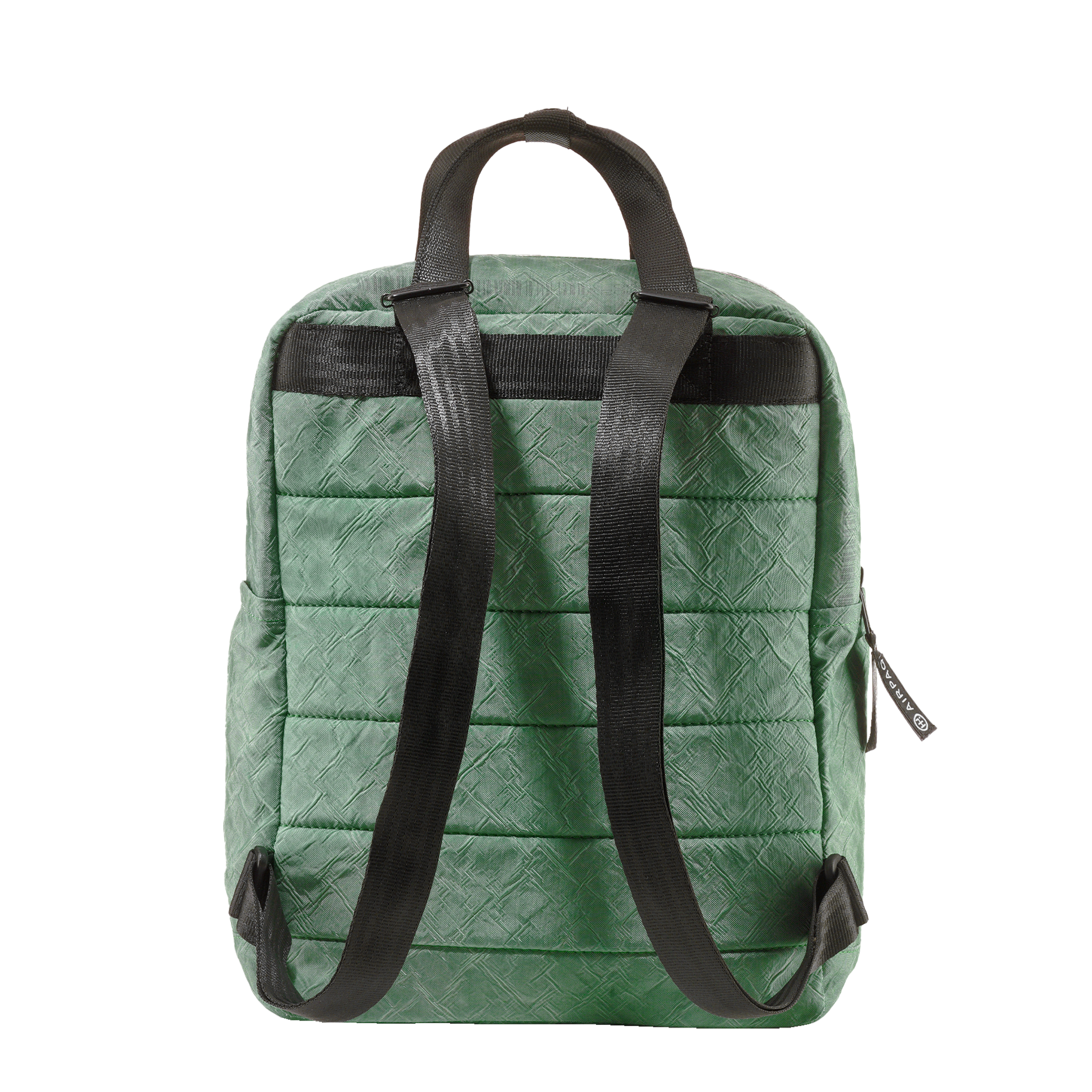 Ein grüner, gesteppter Rucksack mit schwarzen, verstellbaren Schultergurten, von hinten vor weißem Hintergrund dargestellt.