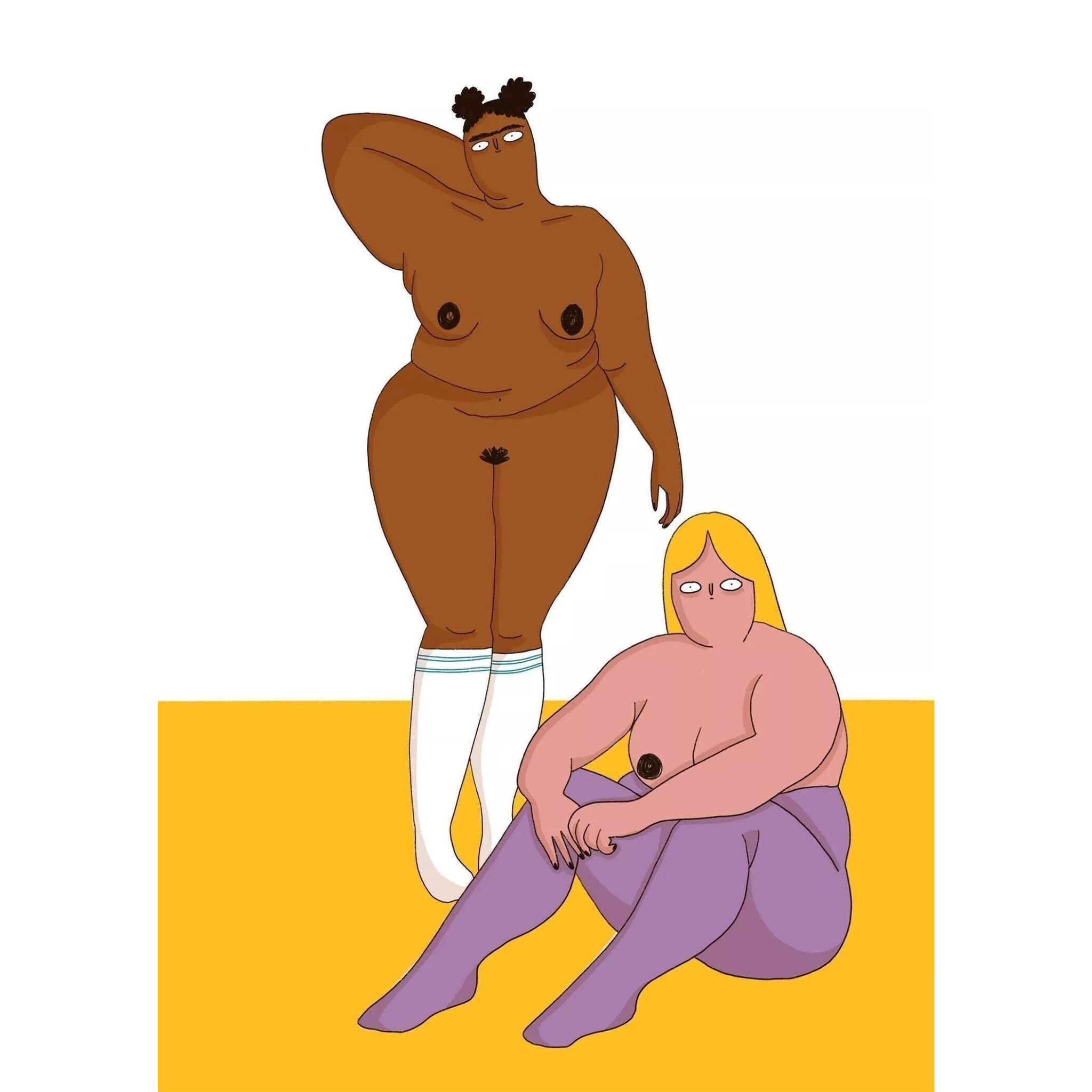 Zwei stilisierte nackte Frauen vor einem gelben Hintergrund, eine stehend in weißen Socken, die andere sitzend in lila Strumpfhosen.