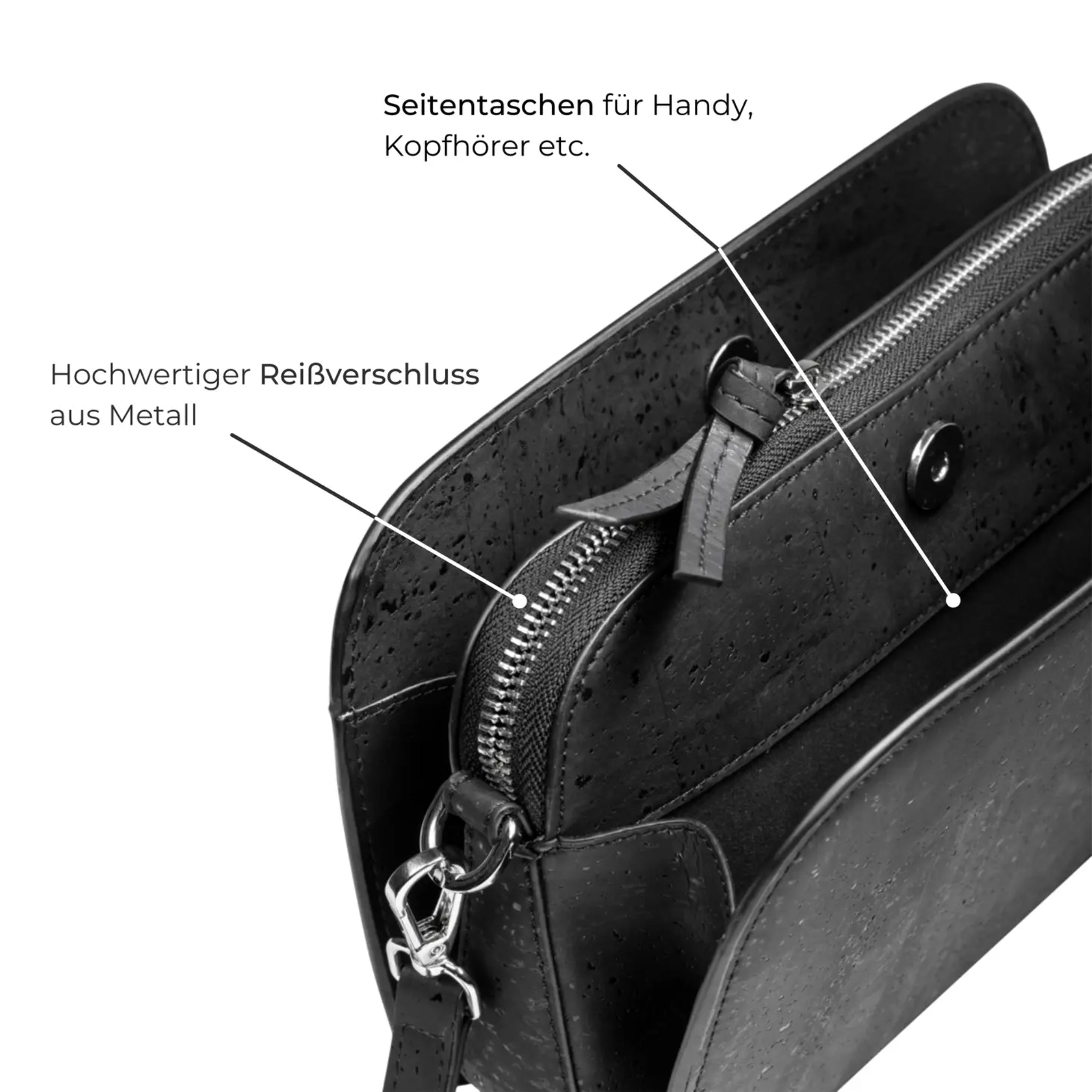Schwarze Tasche mit Seitenfächern für Handy und Kopfhörer, sowie einem hochwertigen Reißverschluss aus Metall.