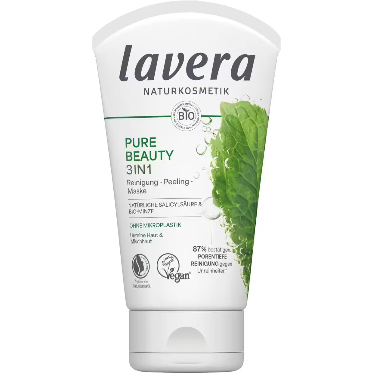 Tube von Lavera Naturkosmetik, "PURE BEAUTY 3IN1", mit Reinigung, Peeling, Maske, Bio-Minze, vegan und ohne Mikroplastik.