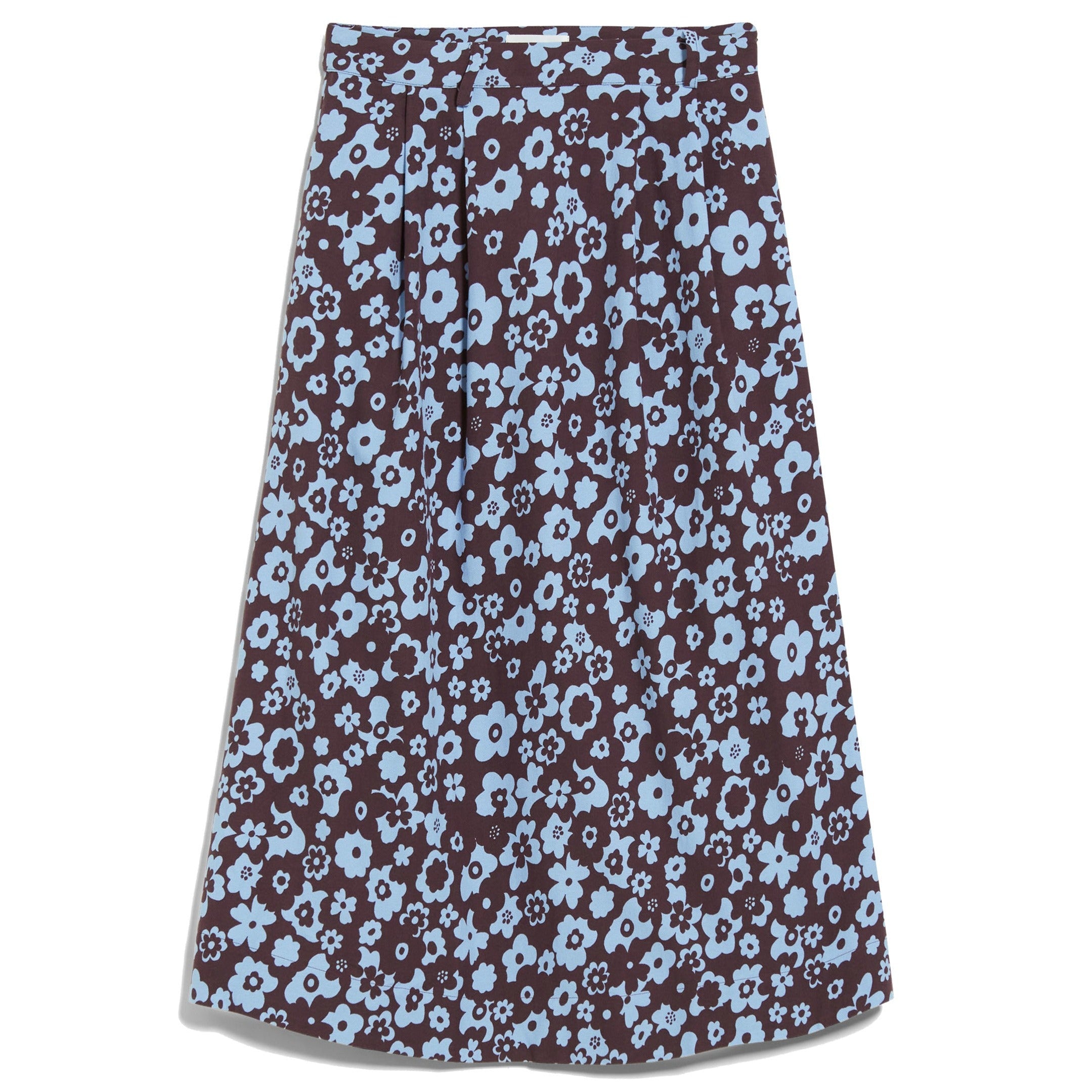 Brauner Rock mit hellblauem Blumenmuster, knieumspielender Länge und Falten.