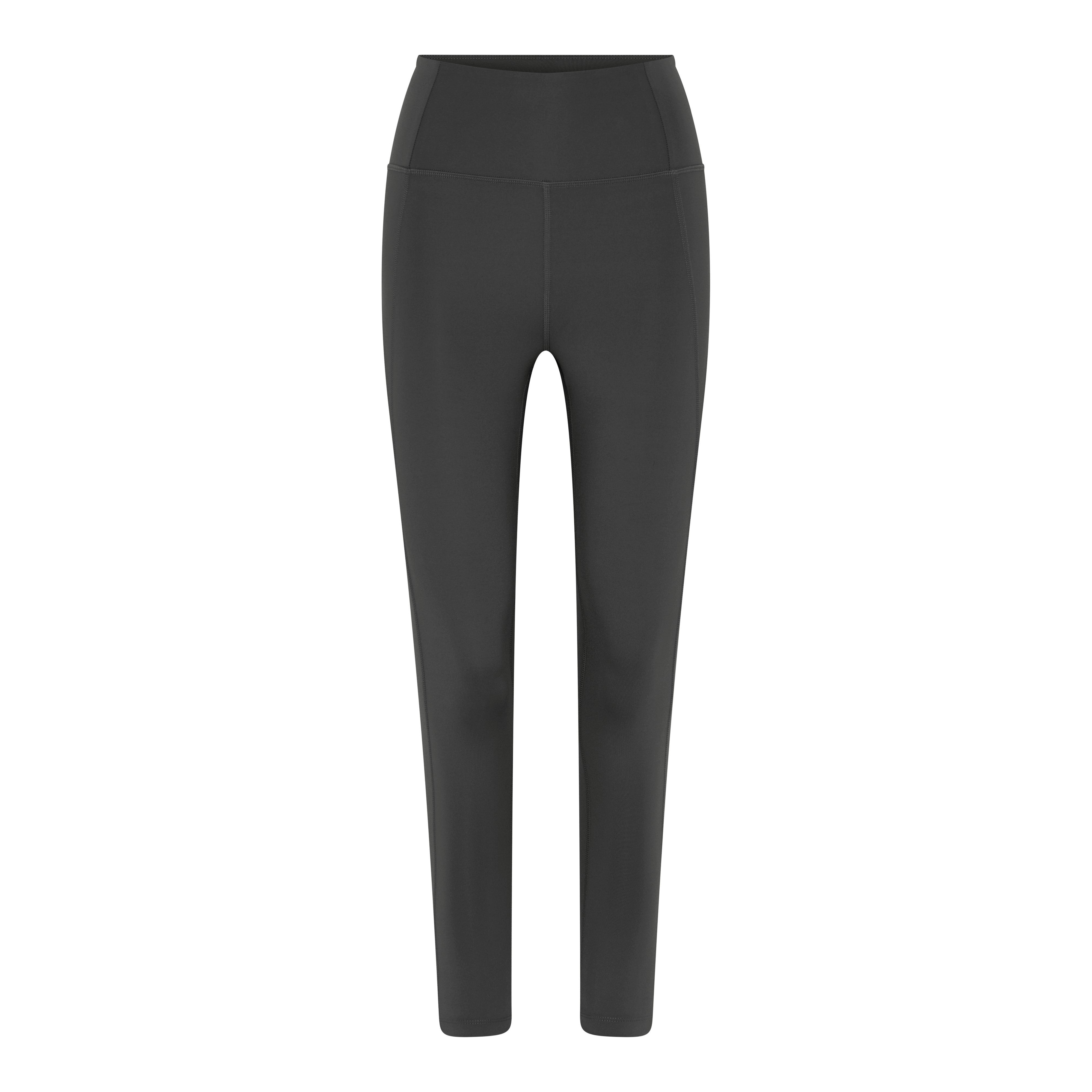 Schwarze Leggings mit hohem Bund, frontale Ansicht auf weißem Hintergrund.