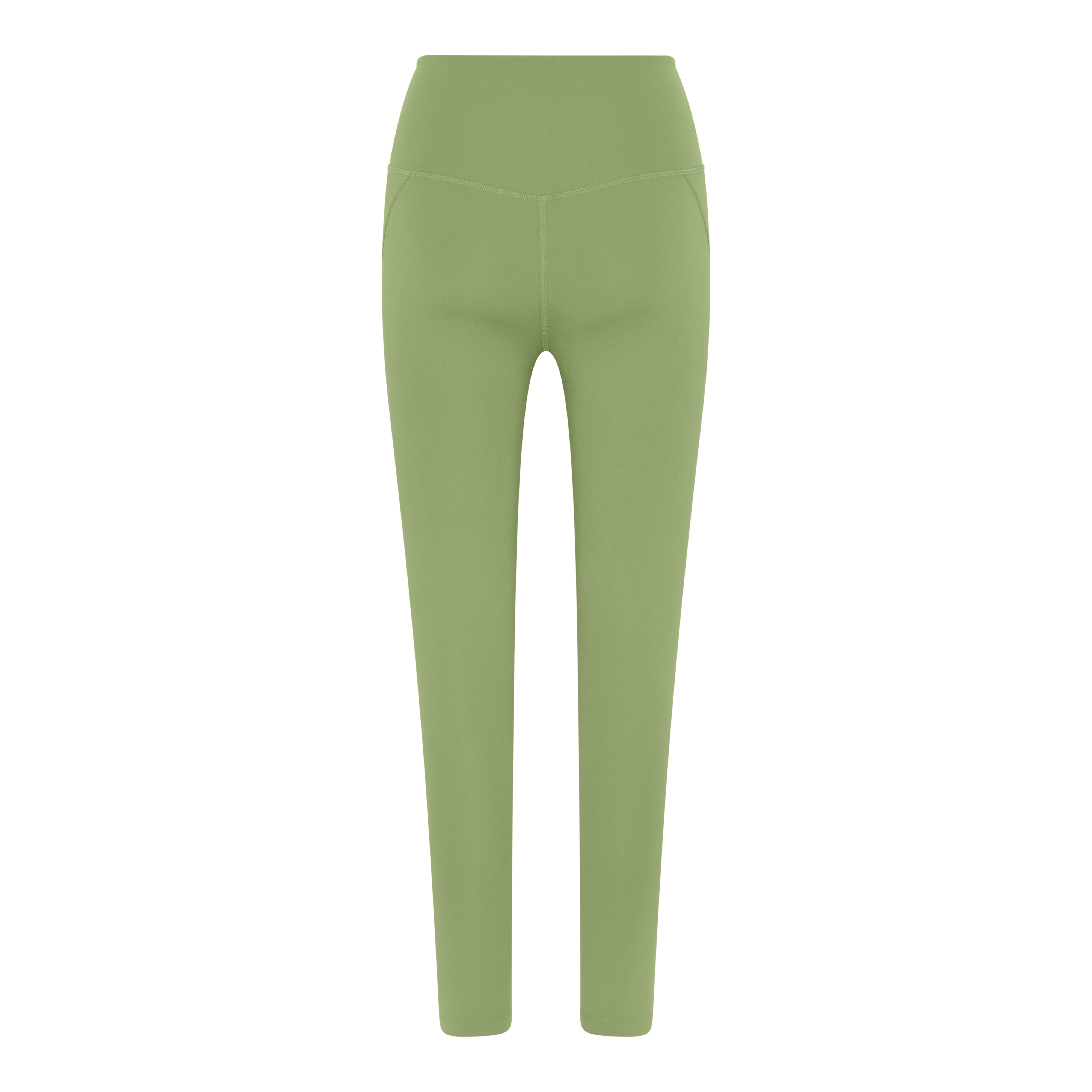 Grüne Leggings mit hoher Taille, frontal abgebildet auf weißem Hintergrund.