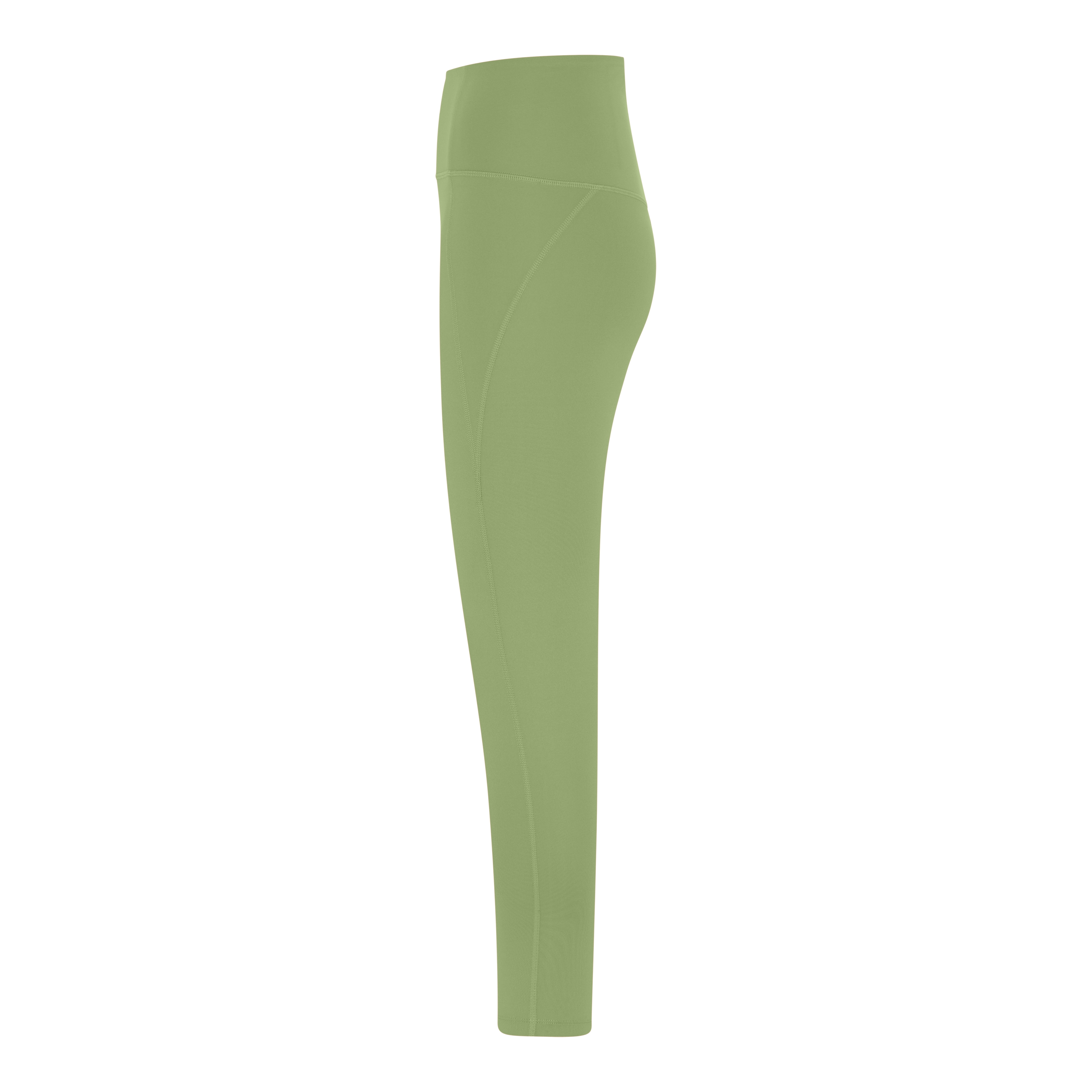 Grüne Leggings in seitlicher Ansicht vor weißem Hintergrund.