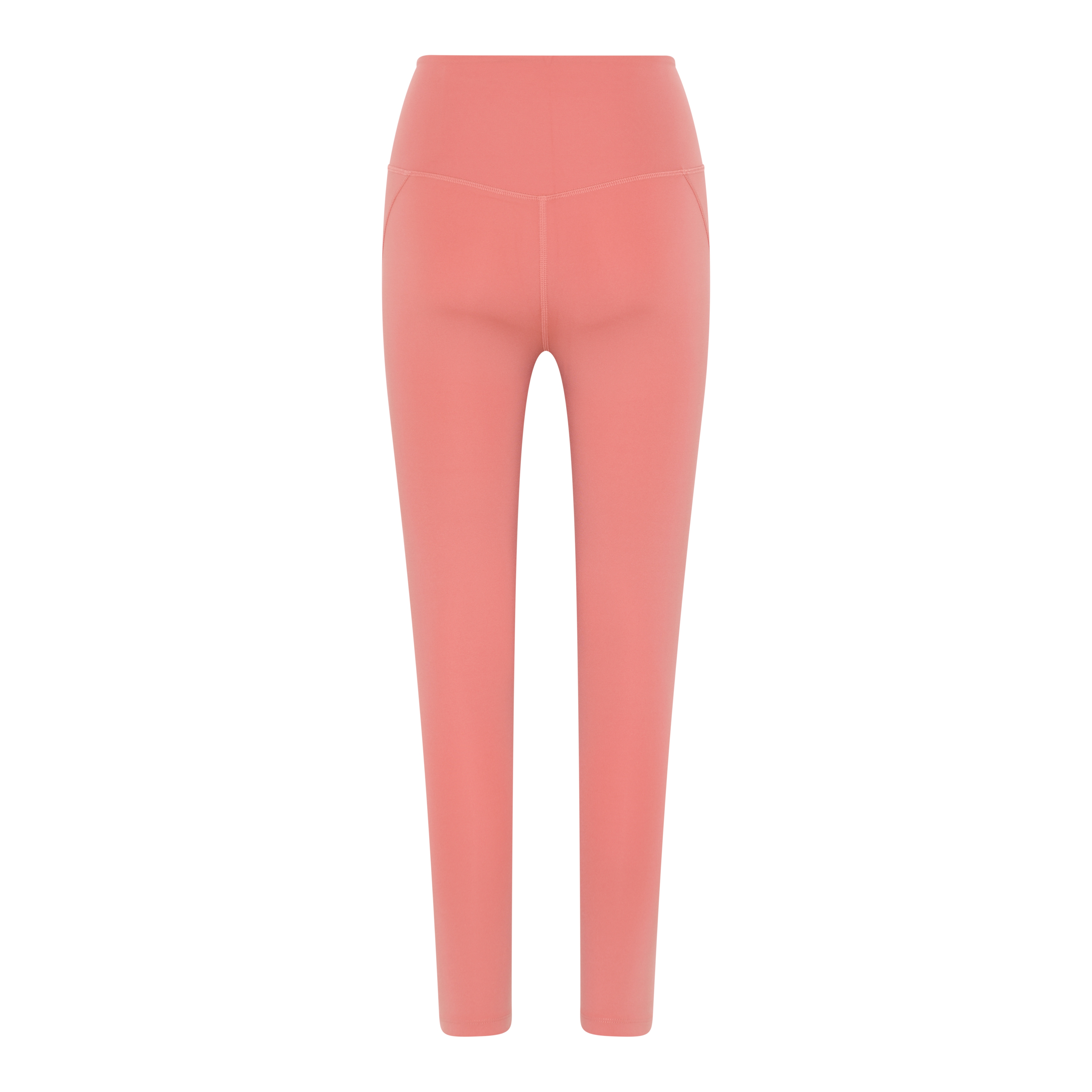 Rosa Leggings mit hohem Bund und schlichter Vorderansicht auf weißem Hintergrund.