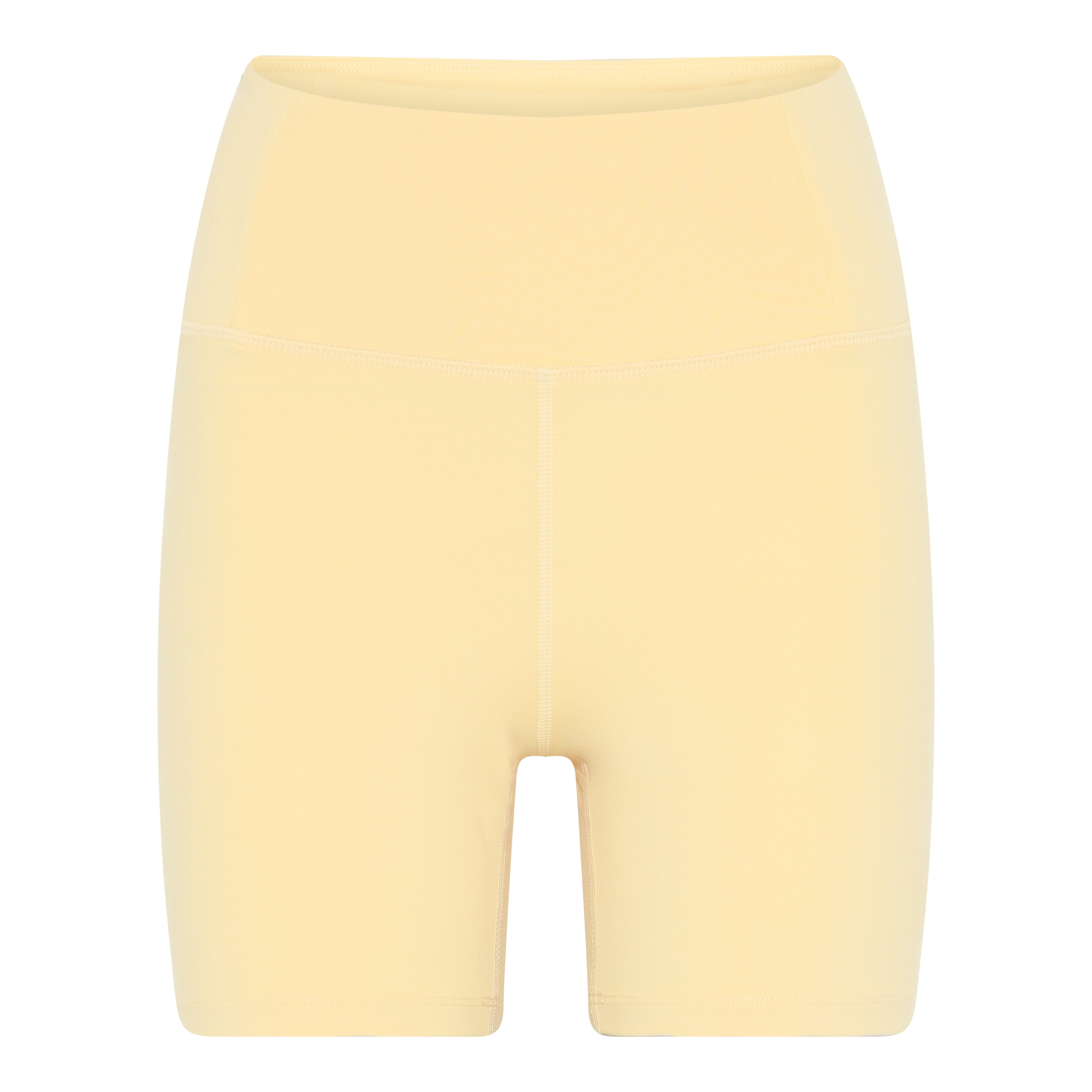 Gelbe, knielange Radshorts mit hohem Bund, aus einem glatten, elastischen Stoff.