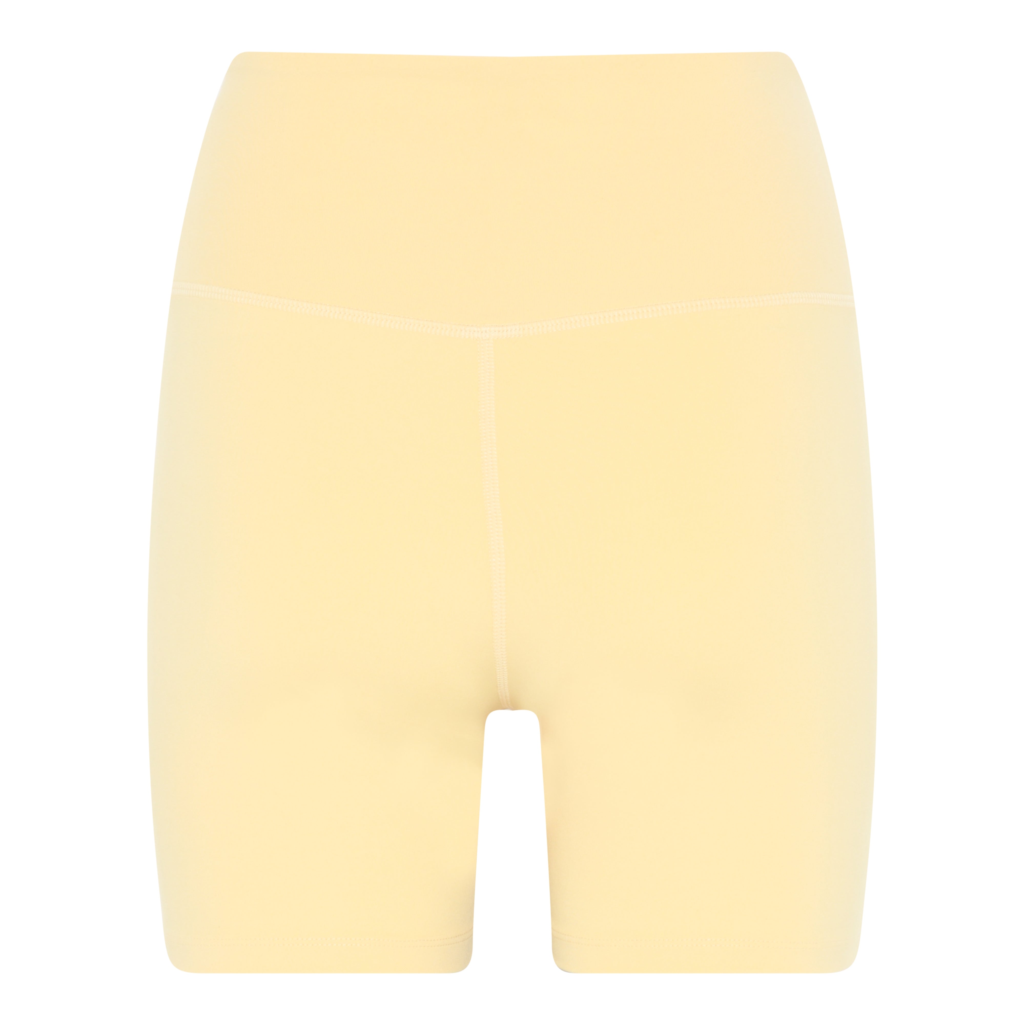 Gelbe, hoch taillierte Radlershorts aus leicht dehnbarem Material, frontal abgebildet.