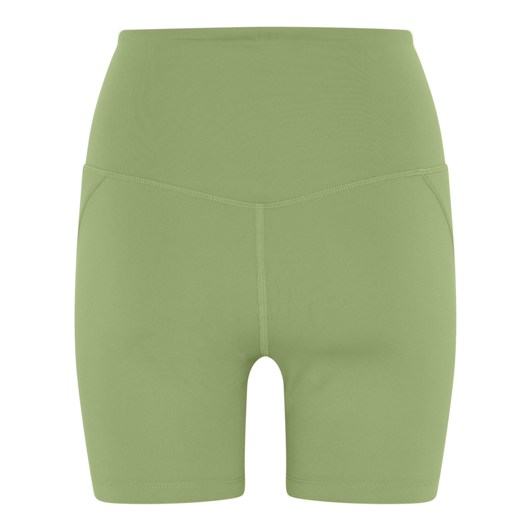 Olivegrüne, hoch taillierte Sportshorts mit elastischem Bund und flache Nähte für maximalen Komfort und Bewegungsfreiheit.