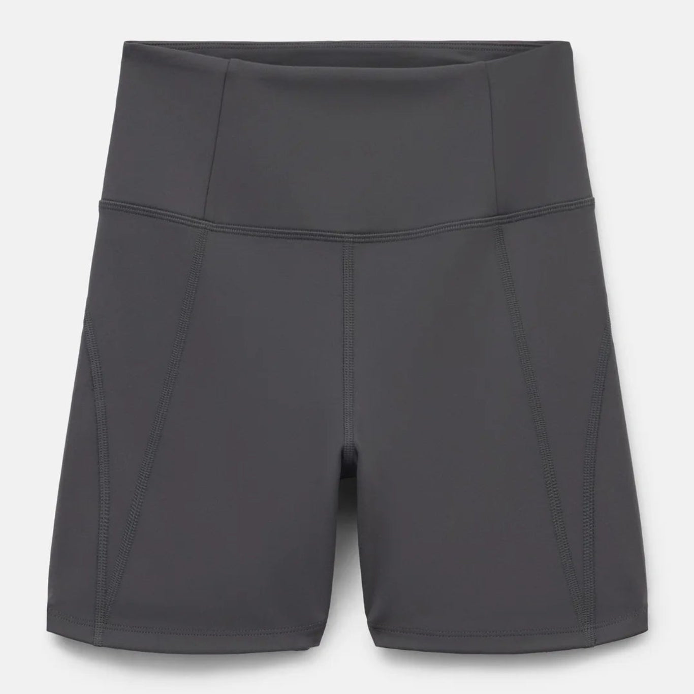 Dunkelgraue Sportshorts mit hoher Taille und sichtbaren Nähten, die eng anliegen. Die Shorts liegen flach auf einem einfarbig weißen Hintergrund.