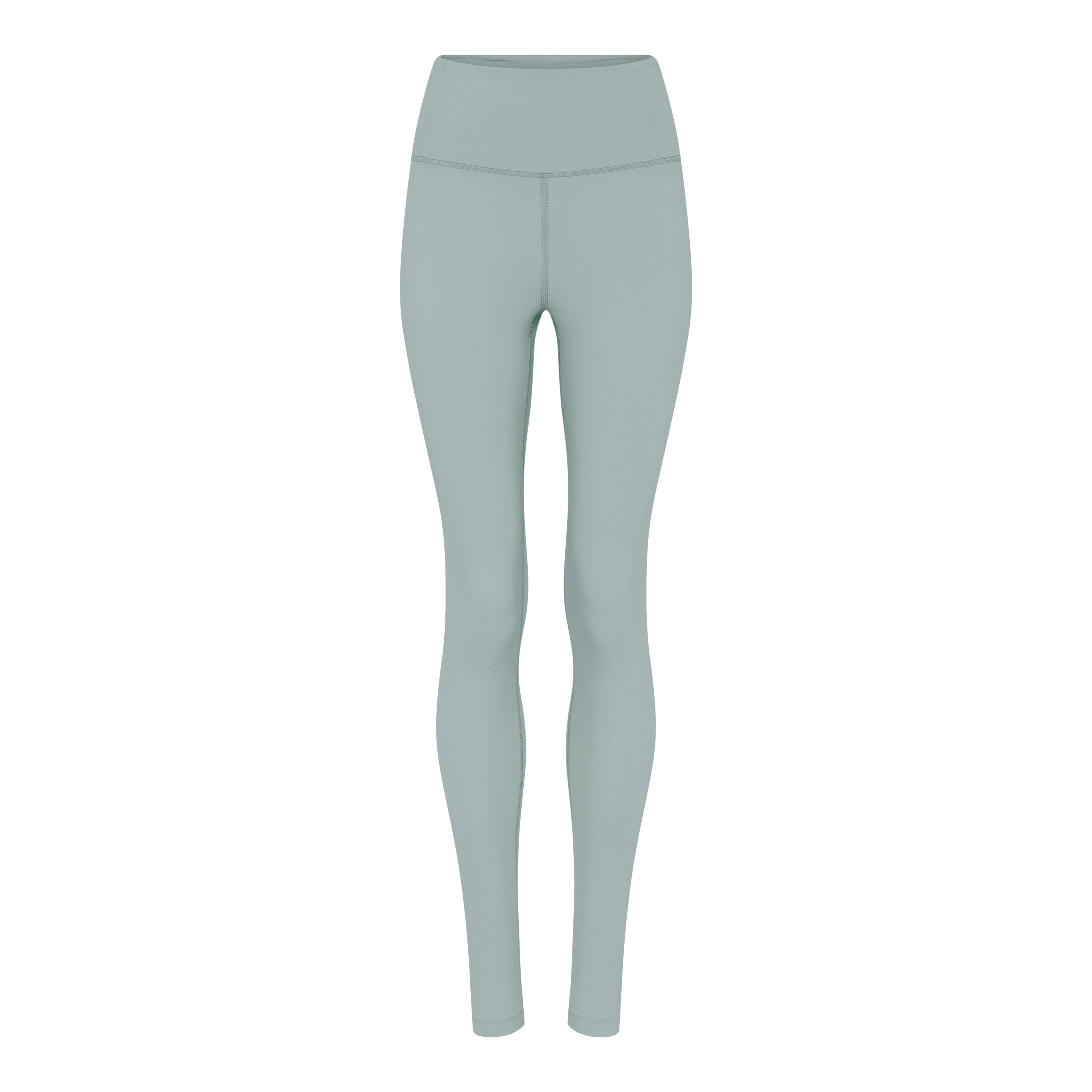 Hellgraue, hoch taillierte Leggings auf weißem Hintergrund.