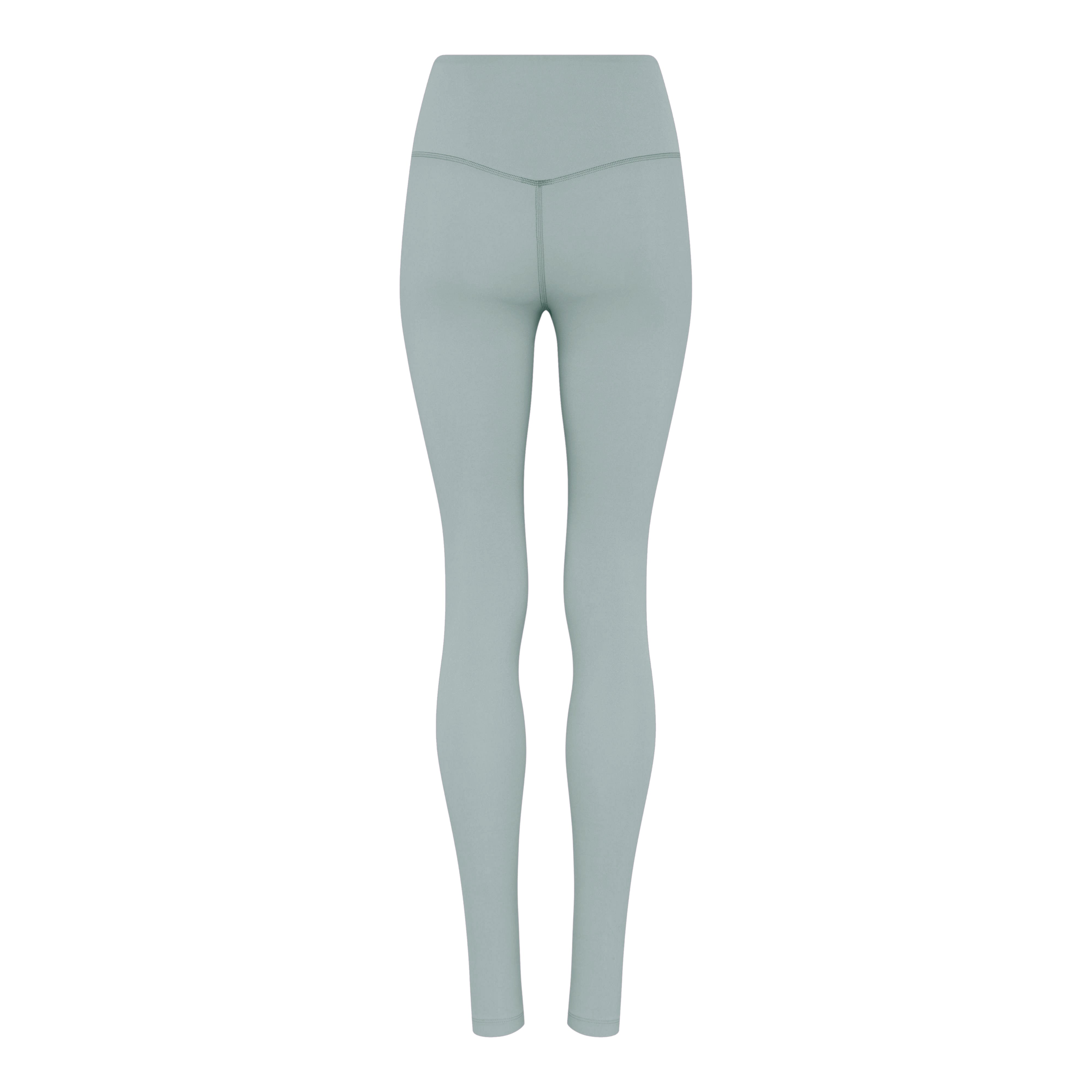 Graue Leggings mit hohem Bund und Nahtdetails, von hinten fotografiert vor weißem Hintergrund.