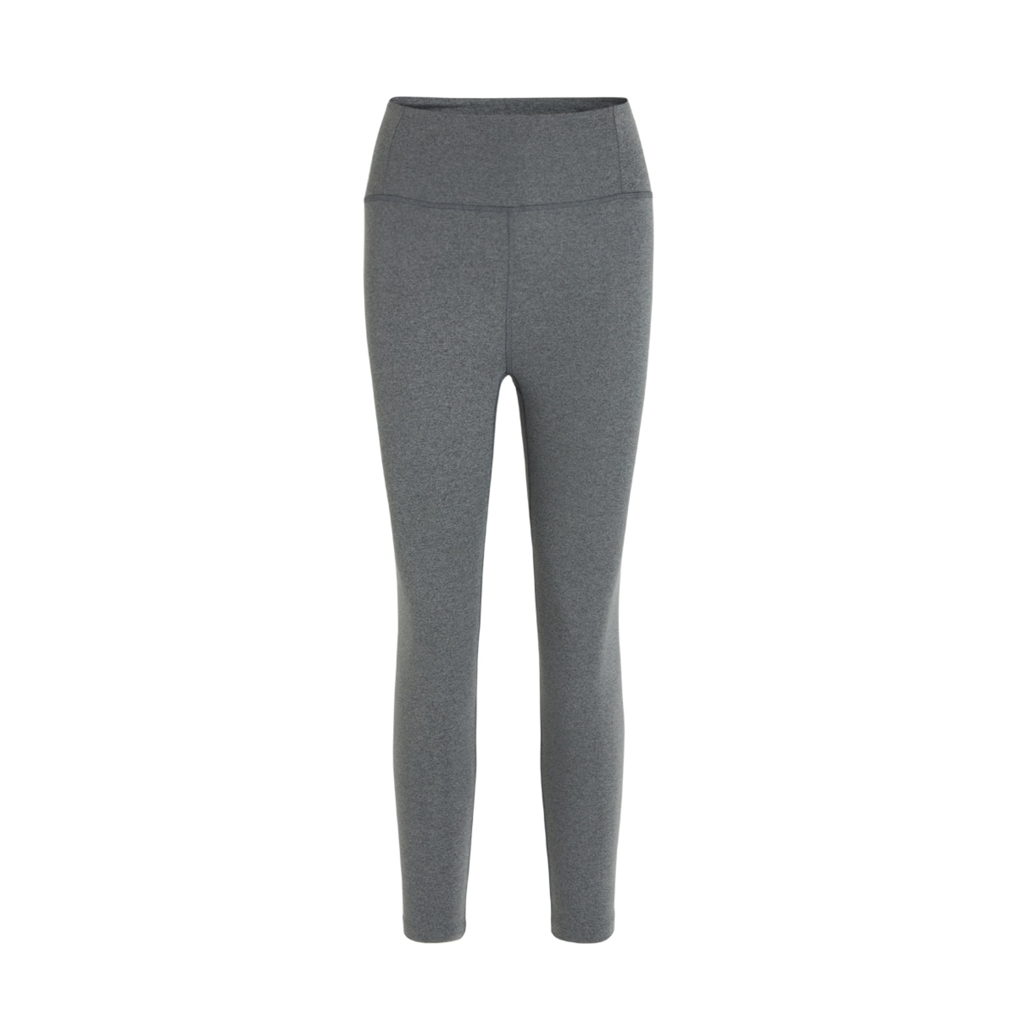 Graue Leggings mit hohem Bund vor weißem Hintergrund.