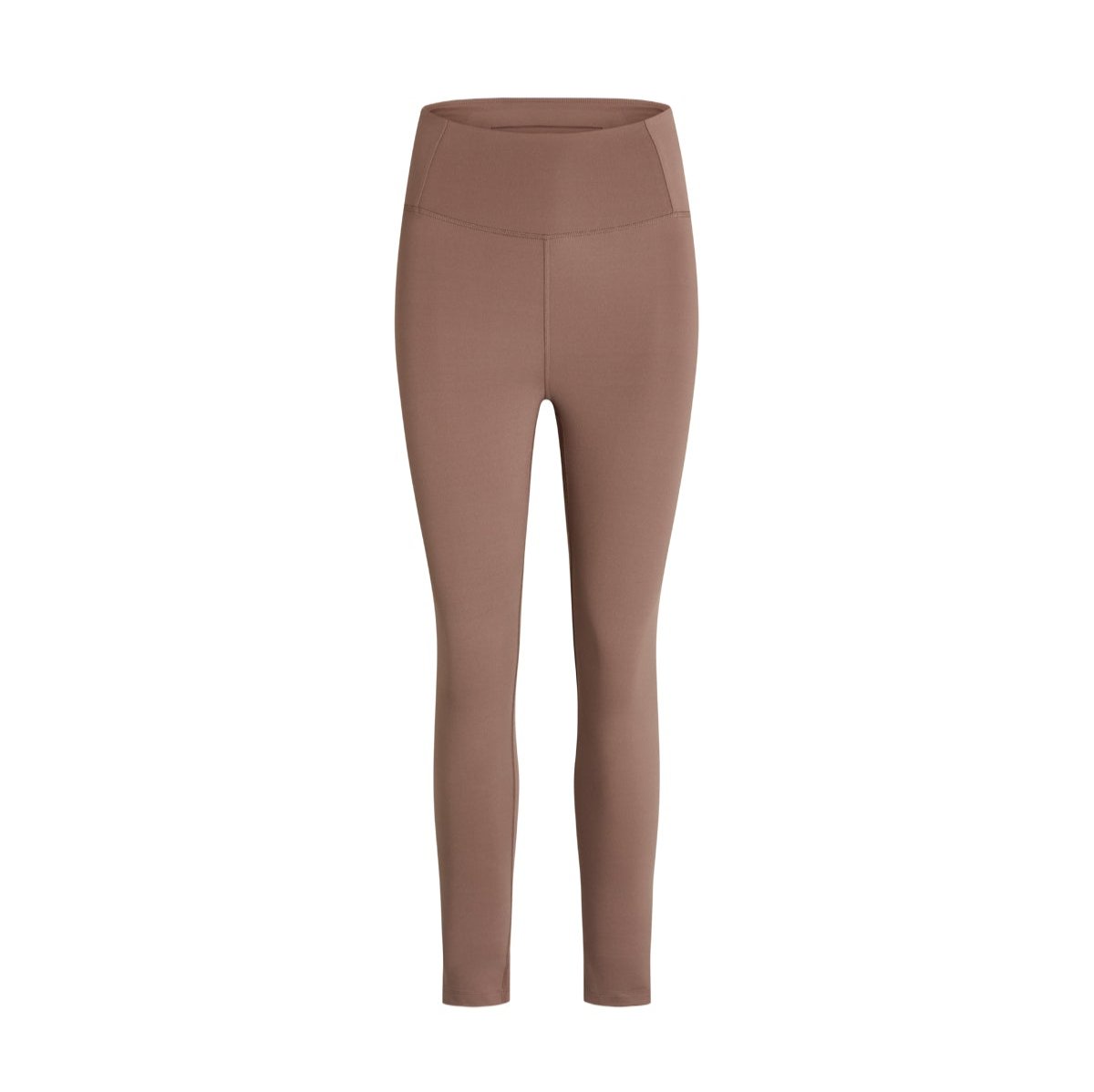 Braune Leggings aus elastischem Material, aufrecht stehend vor weißem Hintergrund.