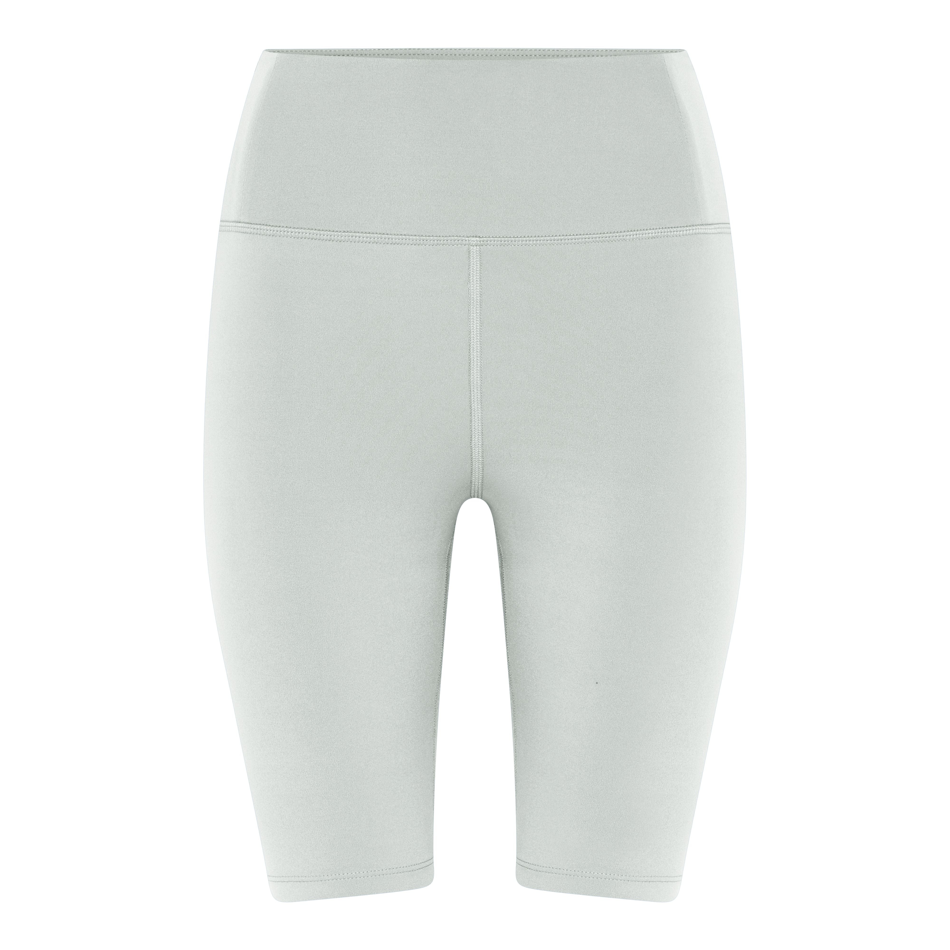 Graue, knielange Sportleggings mit hohem Bund und glattem Stoff.