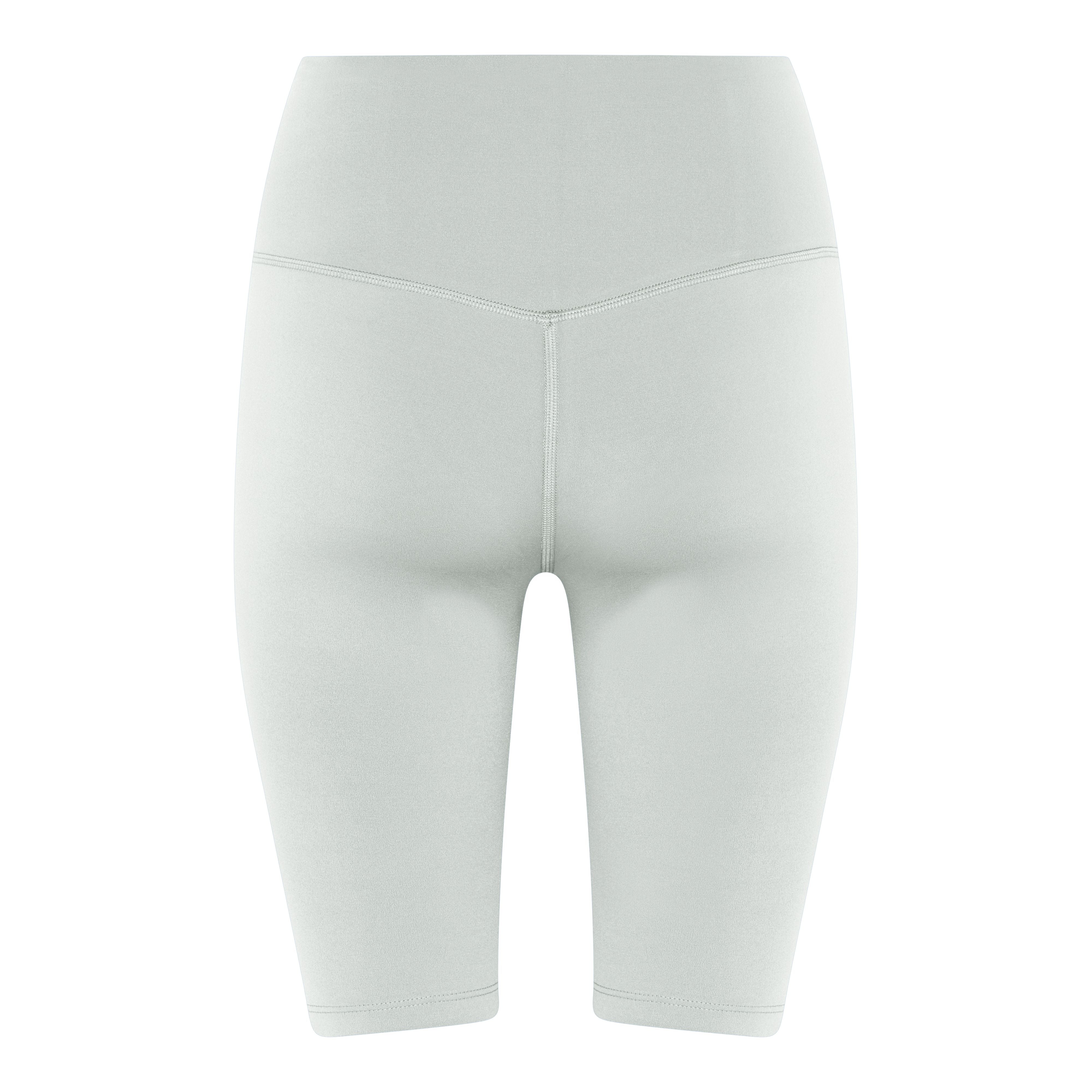 Rückansicht einer grauen Radlerhose aus elastischem Stoff.