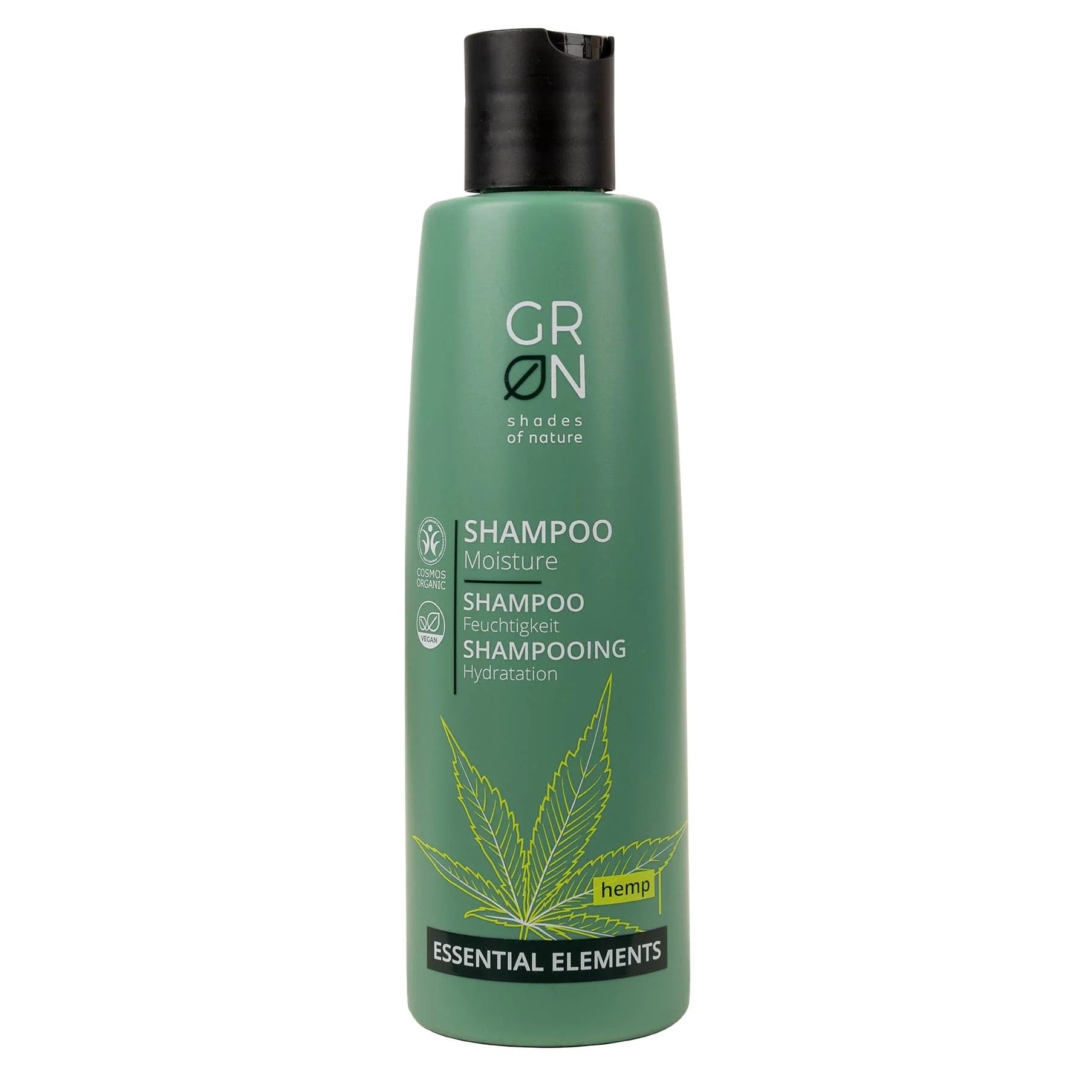 Eine grüne Flasche GRN Shades of Nature Shampoo Moisture mit schwarzem Flip-Top-Verschluss, auf der ein Hanfblatt abgebildet ist und auf der Essential Elements für die Feuchtigkeitspflege angegeben sind.