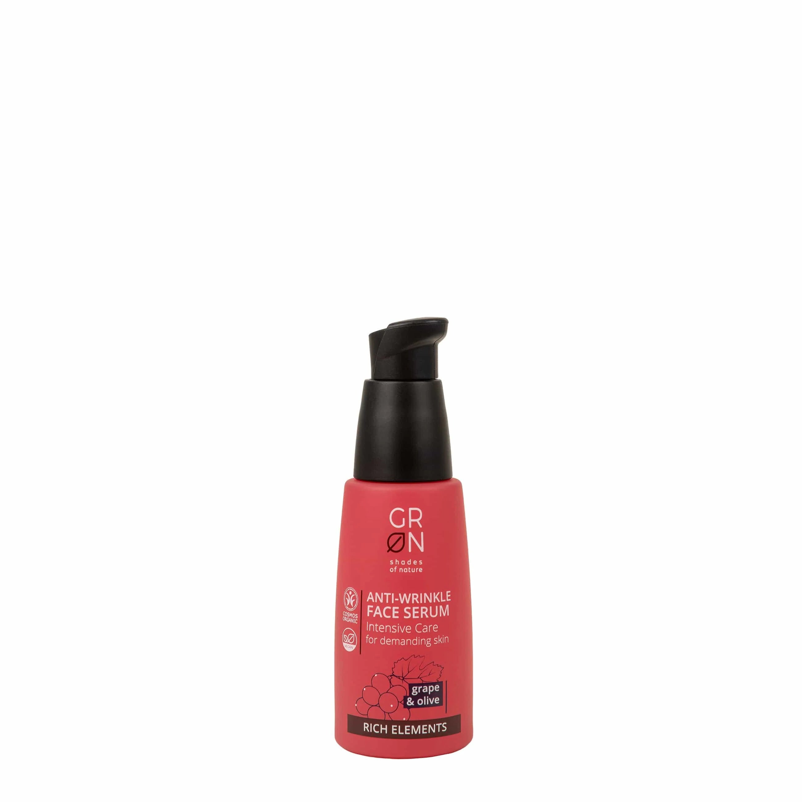 Eine rote Flasche GRN Anti-Wrinkle Face Serum mit einem schwarzen Pumpspender, beschriftet für anspruchsvolle Haut und mit Inhaltsstoffen aus Trauben und Oliven. Die Flasche ist auf der Vorderseite weiß und schwarz beschriftet.