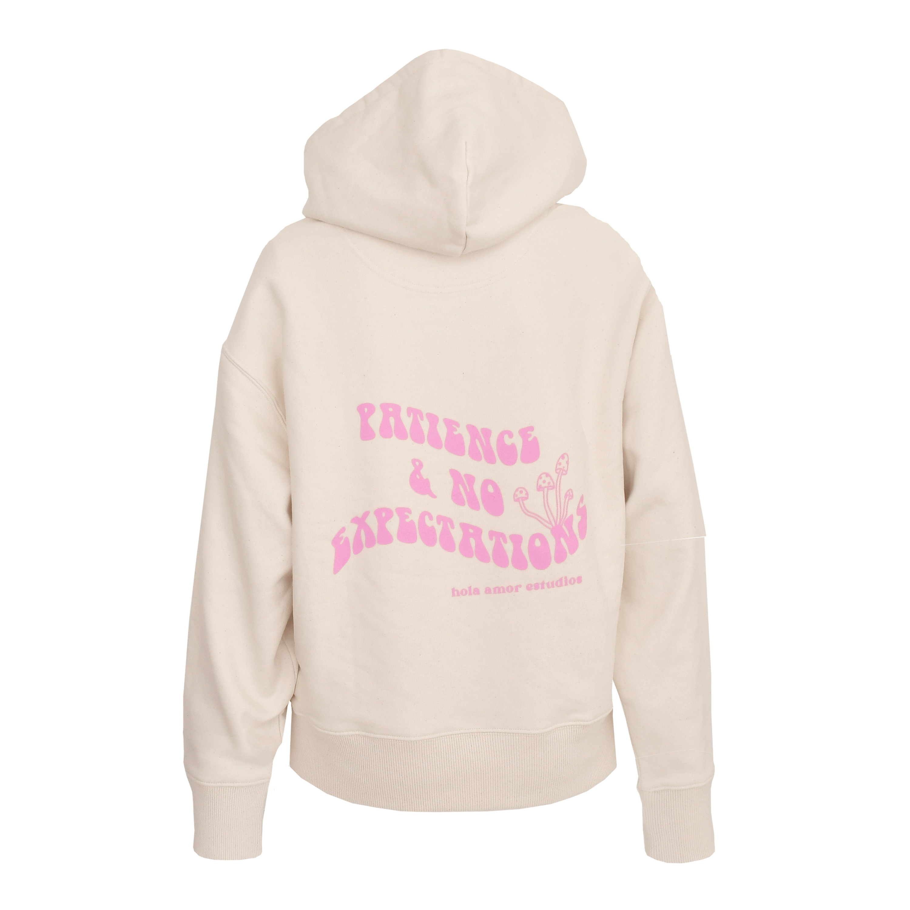 Beiger Kapuzenpullover mit rosa Aufschrift "PATIENCE & NO EXPECTATIONS" und kleinen Pilzen auf der Rückseite.