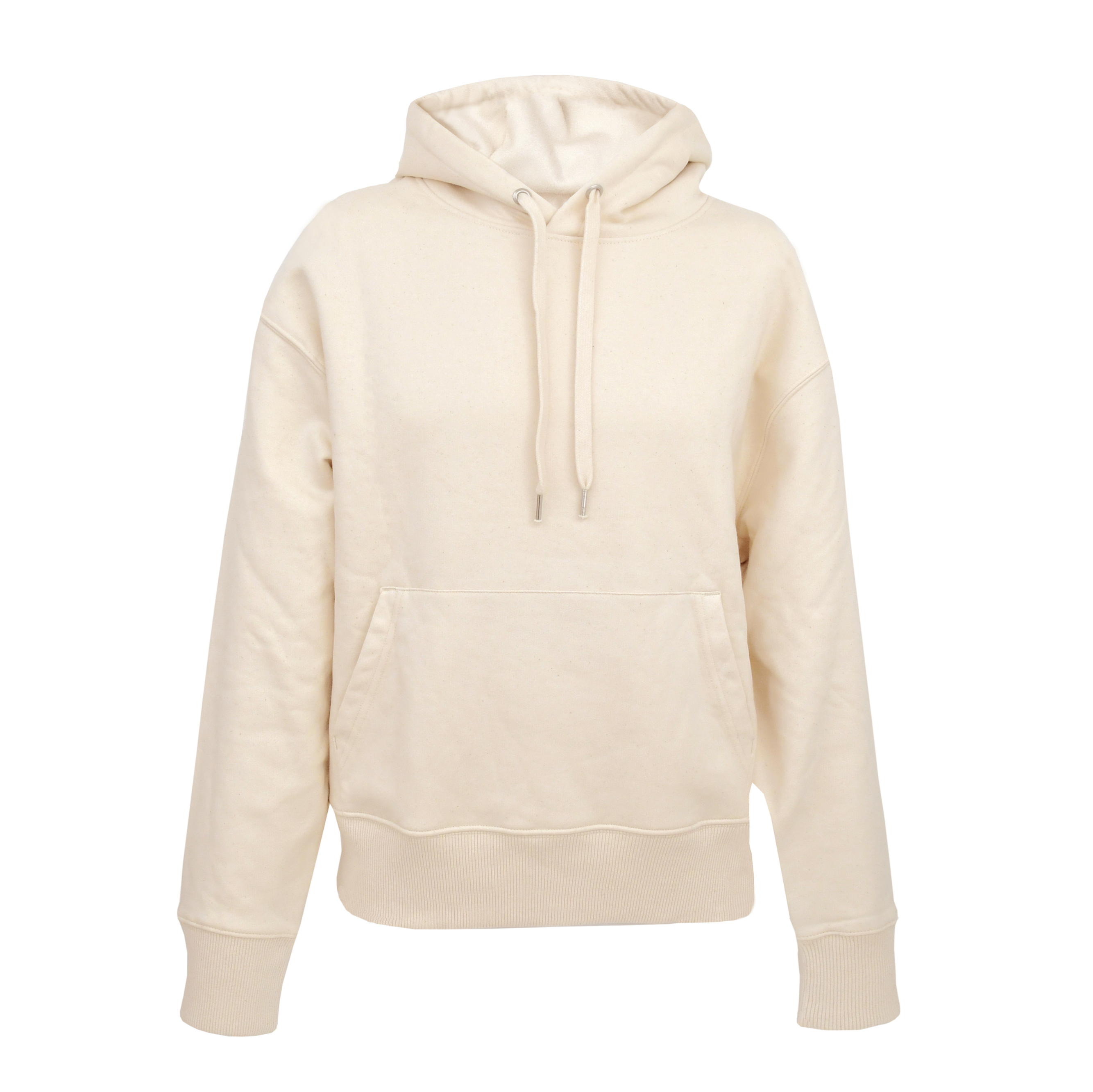 Cremefarbener Kapuzenpullover mit Kängurutasche und Kordelzug auf weißem Hintergrund.