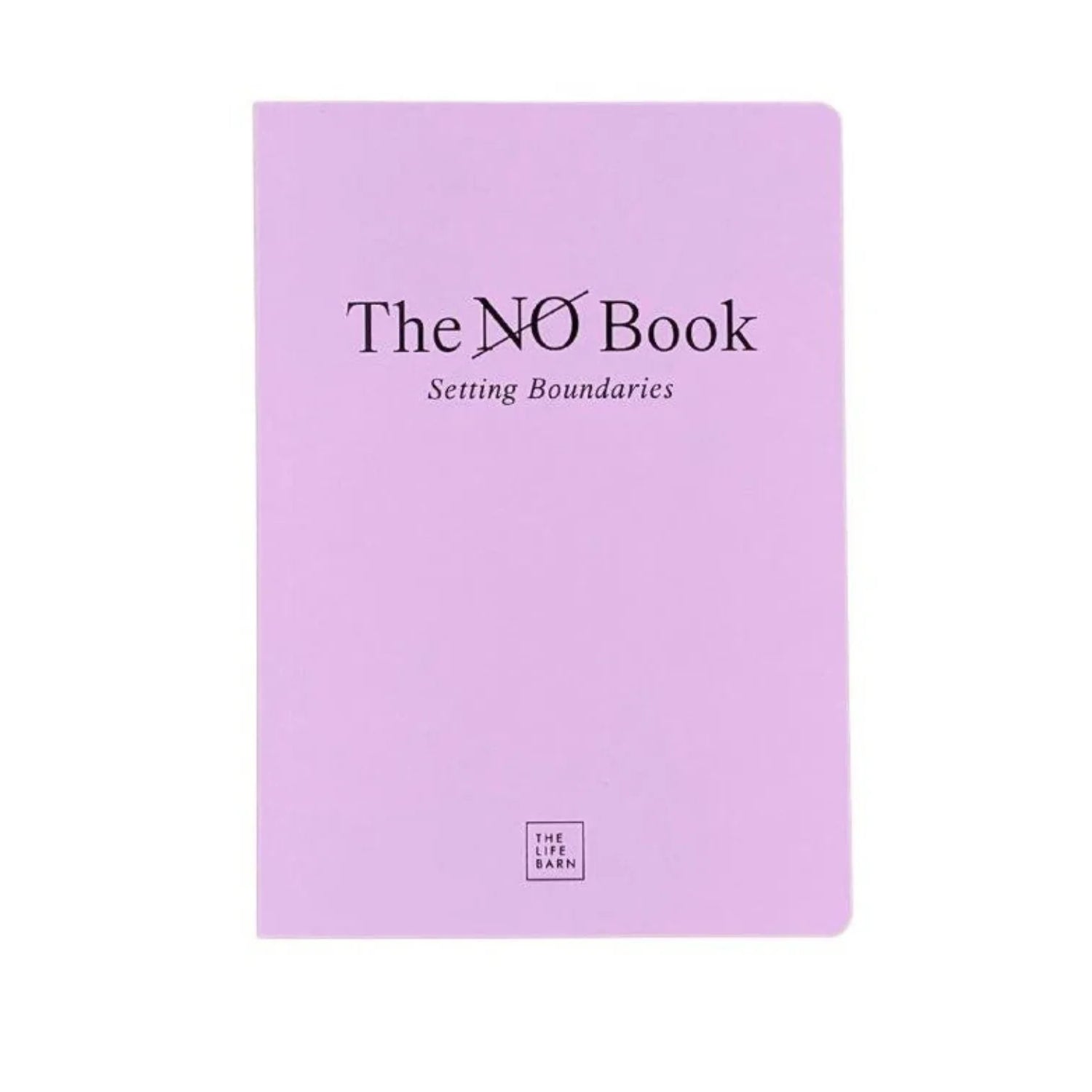 Ein hellviolettes Notizbuch mit dem Titel The NO Book (mit durchgestrichenem NO) und dem Untertitel Setting Boundaries (Grenzen setzen) auf dem Einband. Die Marke Barn ist am unteren Rand aufgedruckt.